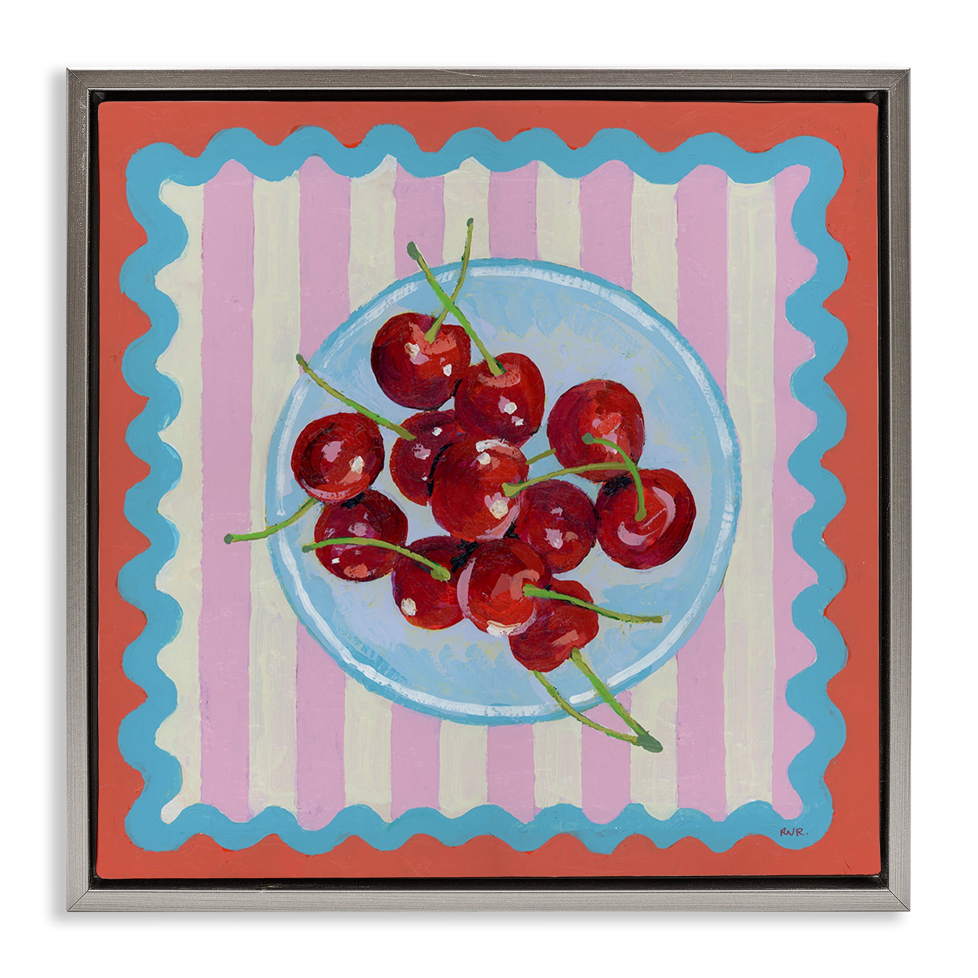 Stupell Industries Red Cherries over Pink Stripes Gray Framed Floater Canvas Wall Art, design by Rachael Reese
