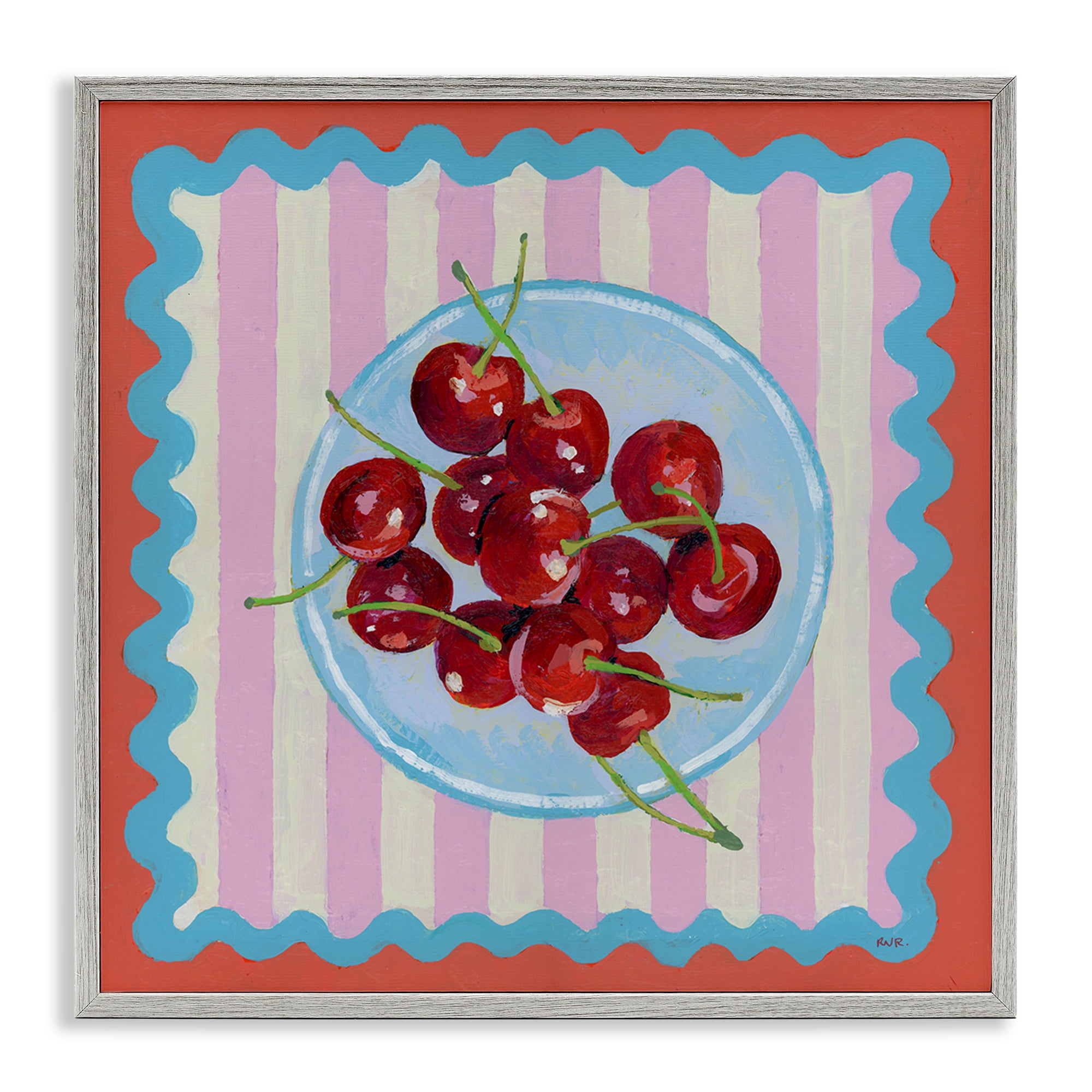 Stupell Industries Red Cherries over Pink Stripes Gray Framed Giclee Art, design by Rachael Reese