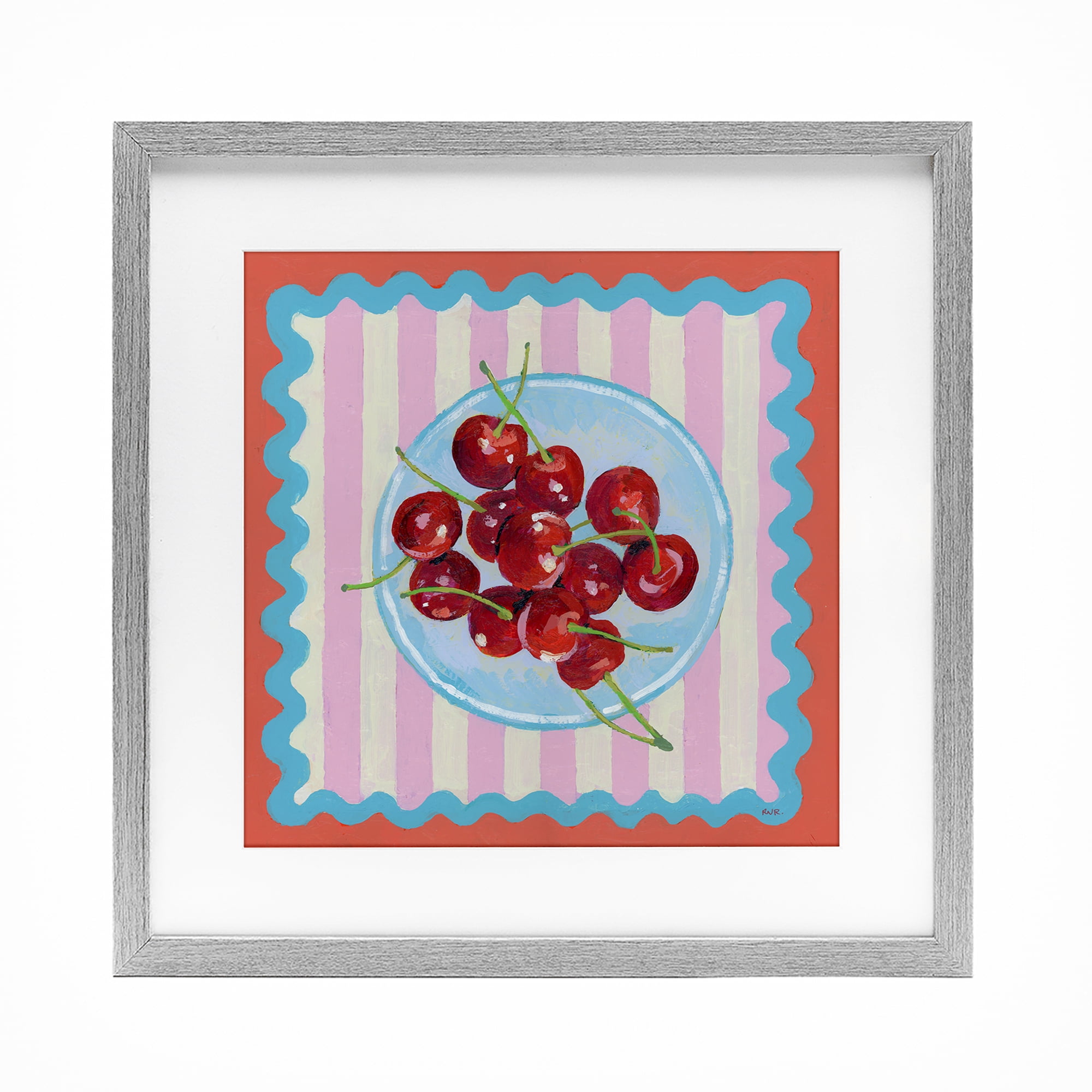 Stupell Industries Red Cherries over Pink Stripes Gray Framed Print Under Glass, design by Rachael Reese