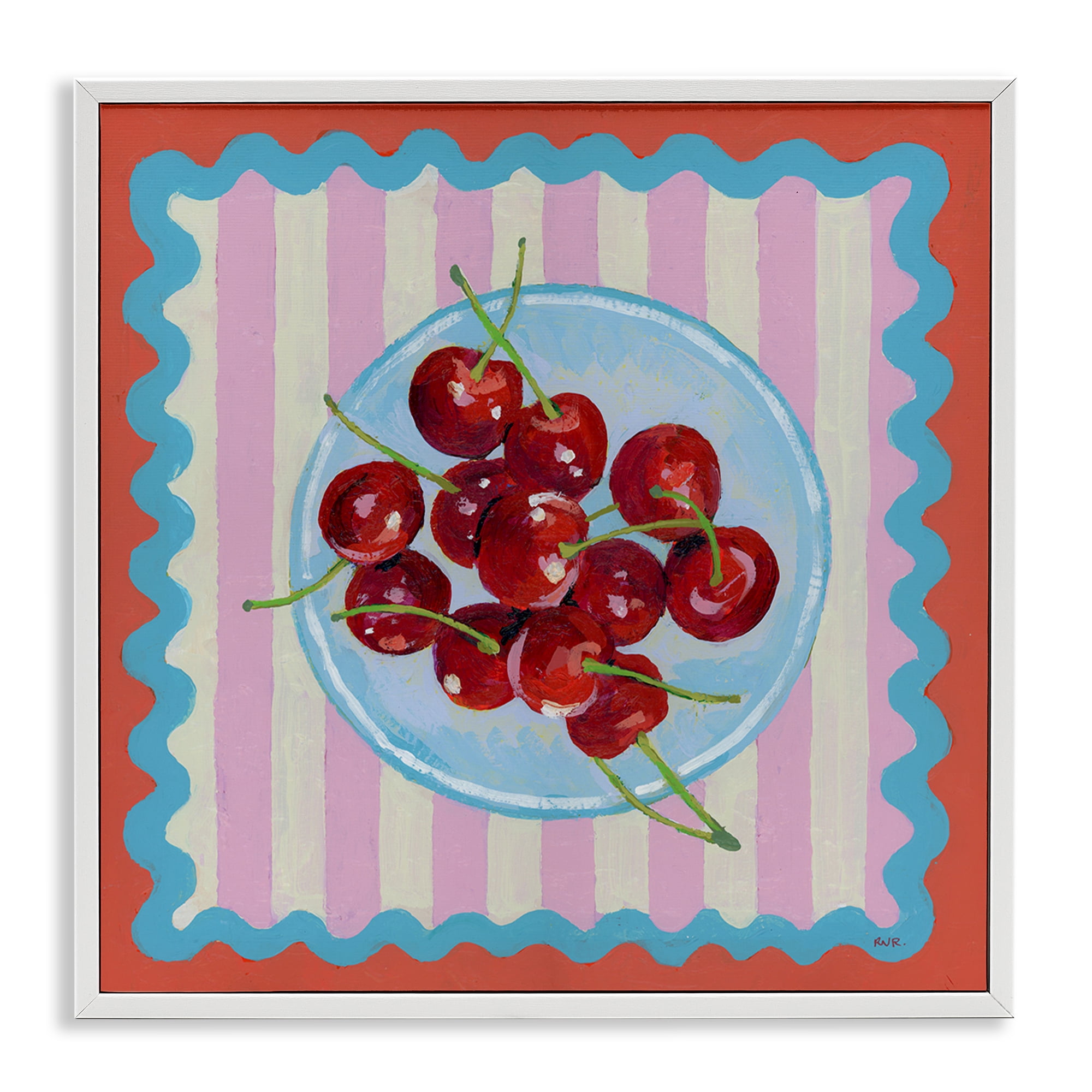 Stupell Industries Red Cherries over Pink Stripes White Framed Giclee Art, design by Rachael Reese
