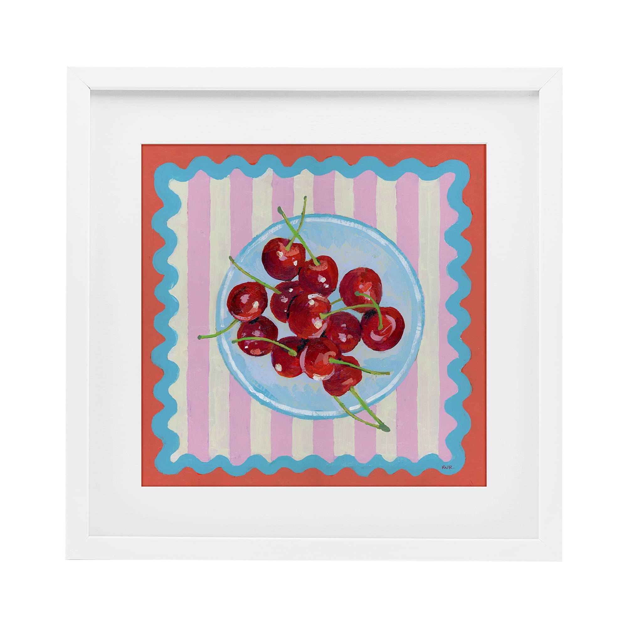 Stupell Industries Red Cherries over Pink Stripes White Framed Print Under Glass, design by Rachael Reese