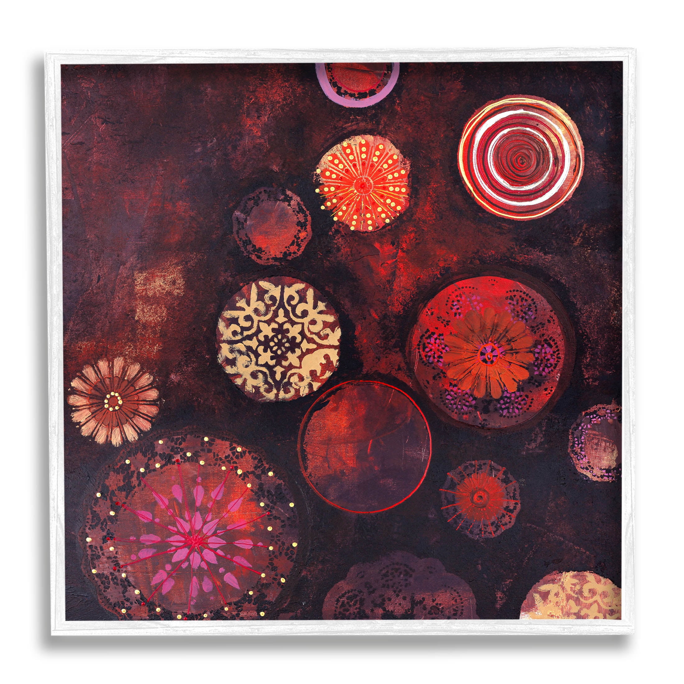 Stupell Industries Red Circular Patterned Shapes Graphic Art White Framed Art Print Wall Art, Design by Design Fabrikken