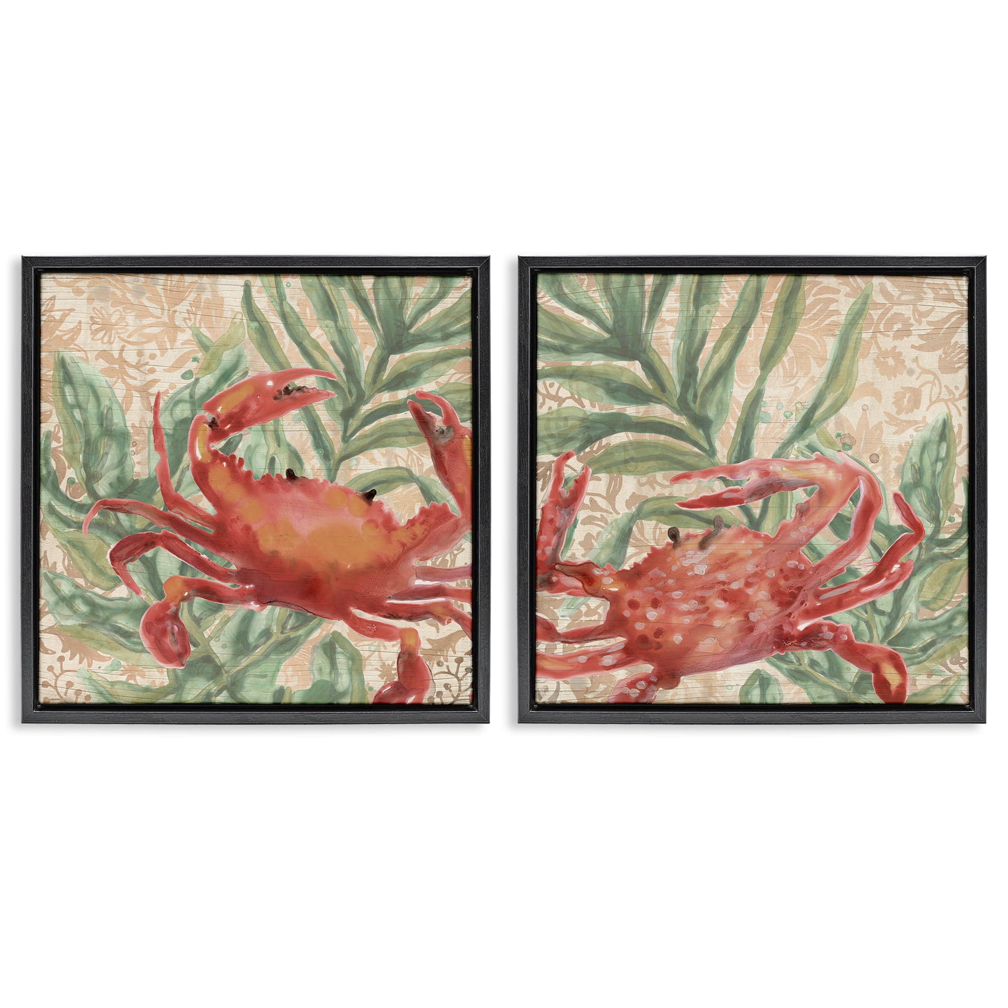 Stupell Industries Red Crab & Seaweed Animals Painting Black Floater Framed Canvas Art Print Wall Art, 18 x 18, Set of 2