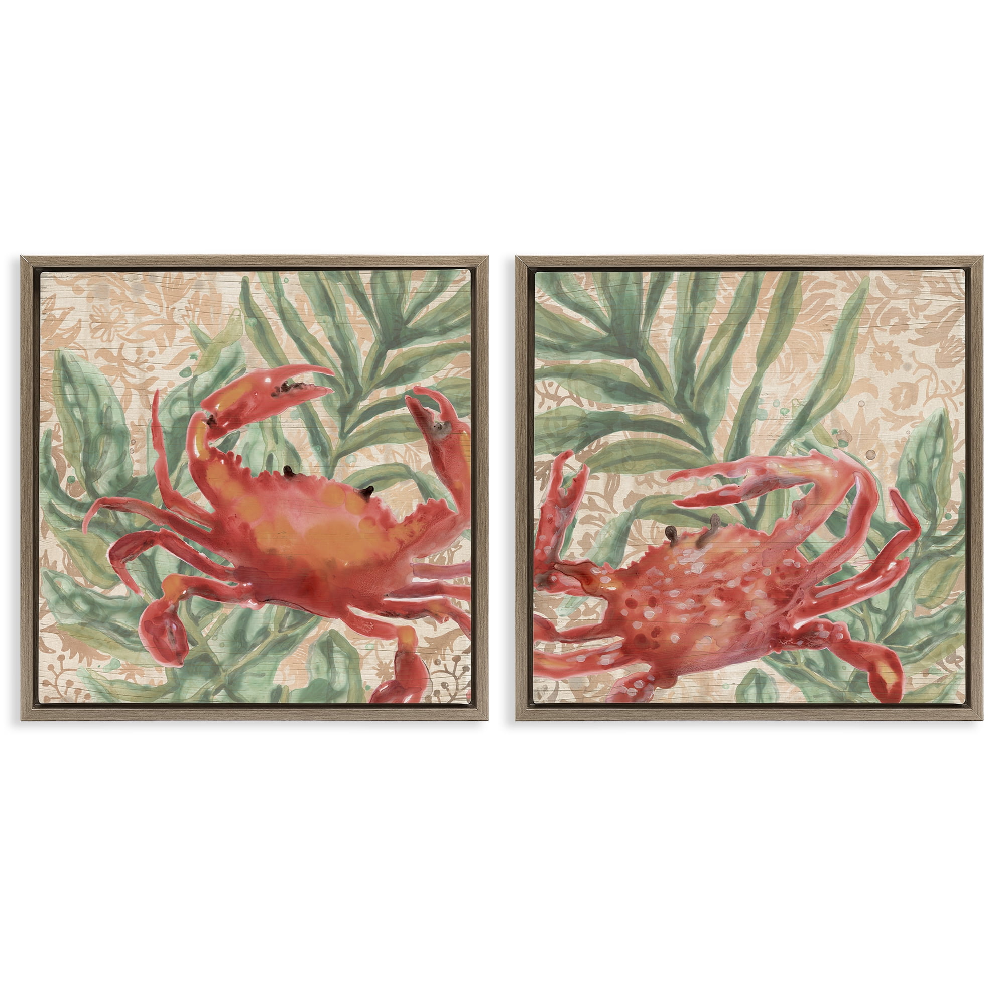 Stupell Industries Red Crab & Seaweed Animals Painting Brown Floater Framed Canvas Art Print Wall Art, 25 x 25, Set of 2