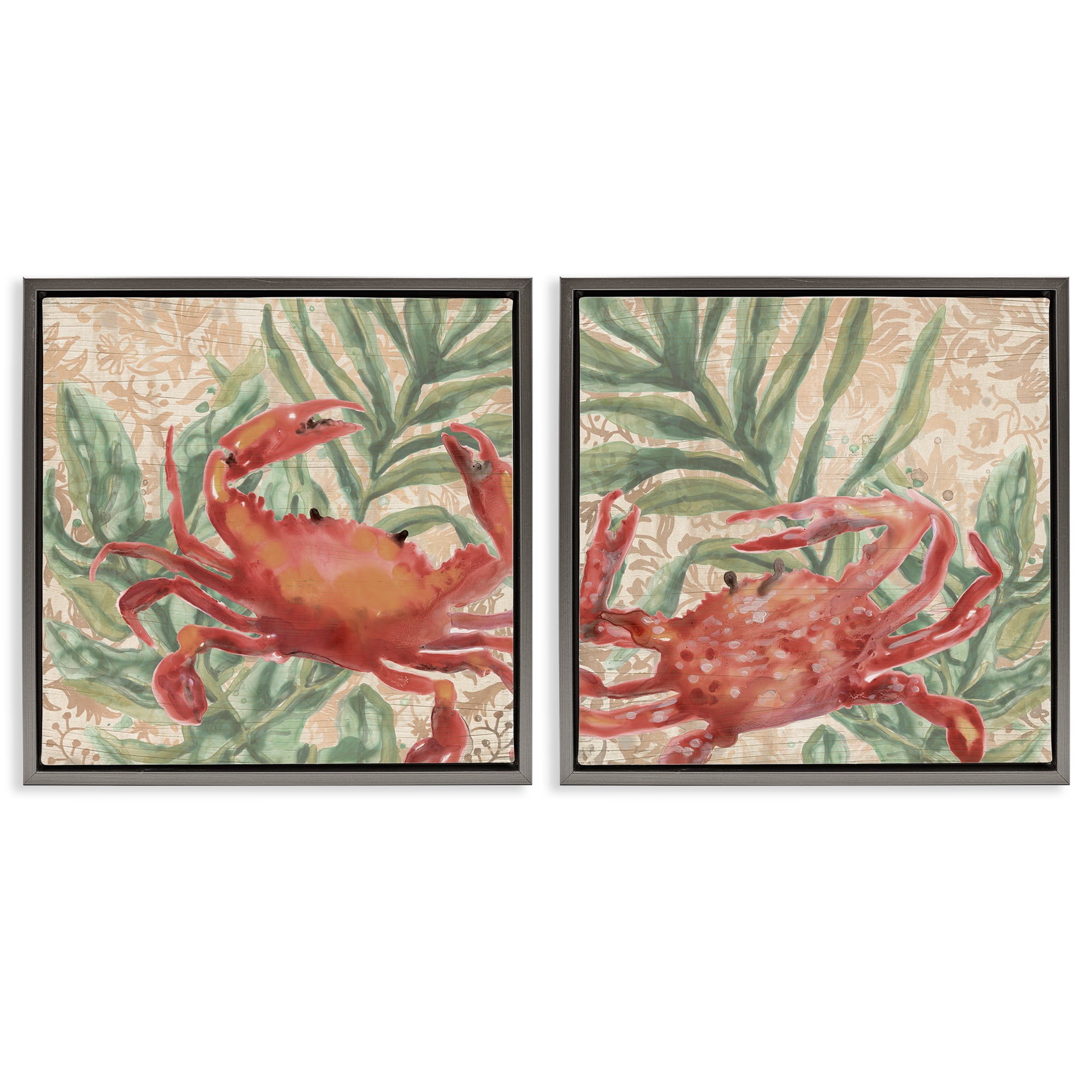 Stupell Industries Red Crab & Seaweed Animals Painting Gray Floater Framed Canvas Art Print Wall Art, 18 x 18, Set of 2