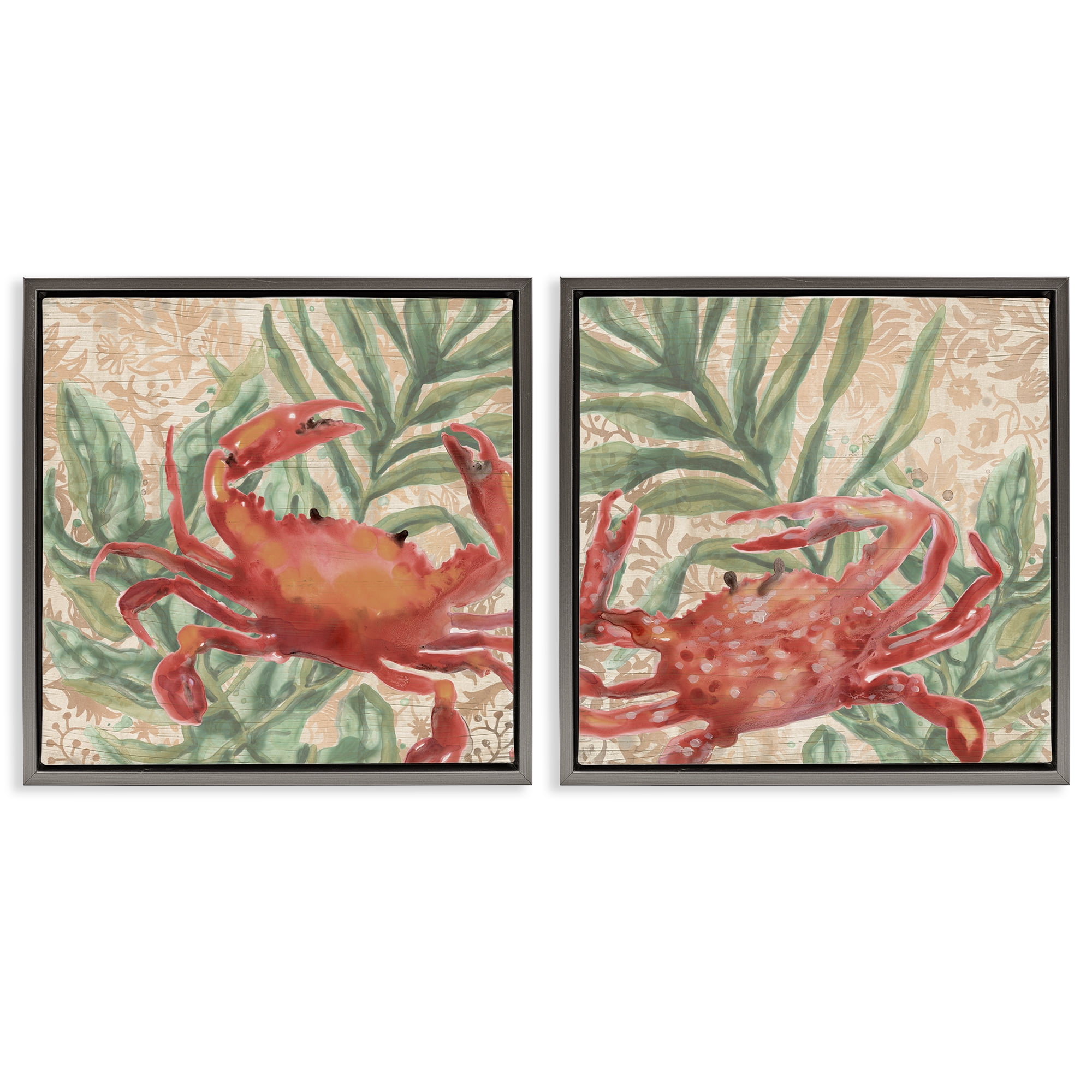 Stupell Industries Red Crab & Seaweed Animals Painting Gray Floater Framed Canvas Art Print Wall Art, 25 x 25, Set of 2