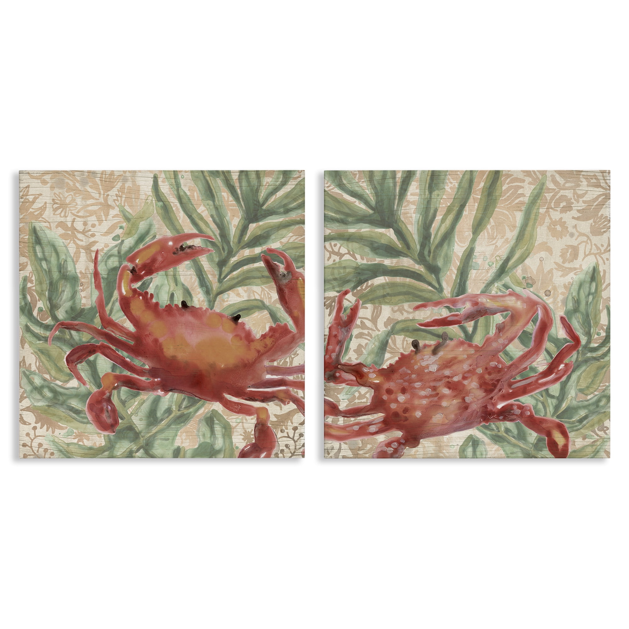 Stupell Industries Red Crab & Seaweed Animals Painting Wrapped Canvas Art Print Wall Art, 17 x 17, Set of 2