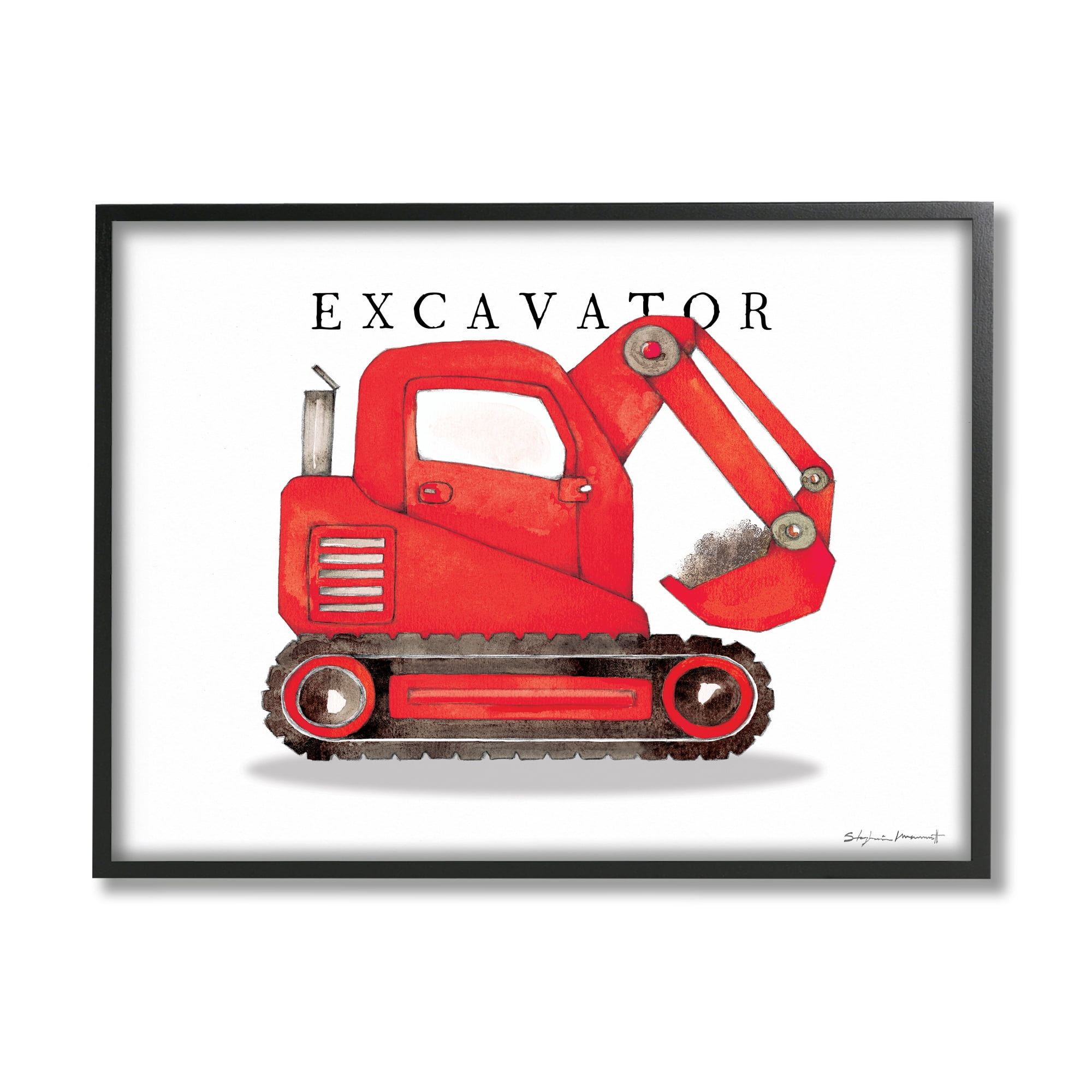 Stupell Industries Red Excavator Truck Traditional Construction Vehicle Transportation Painting Black Framed Art Print Wall Art, 11 x 14