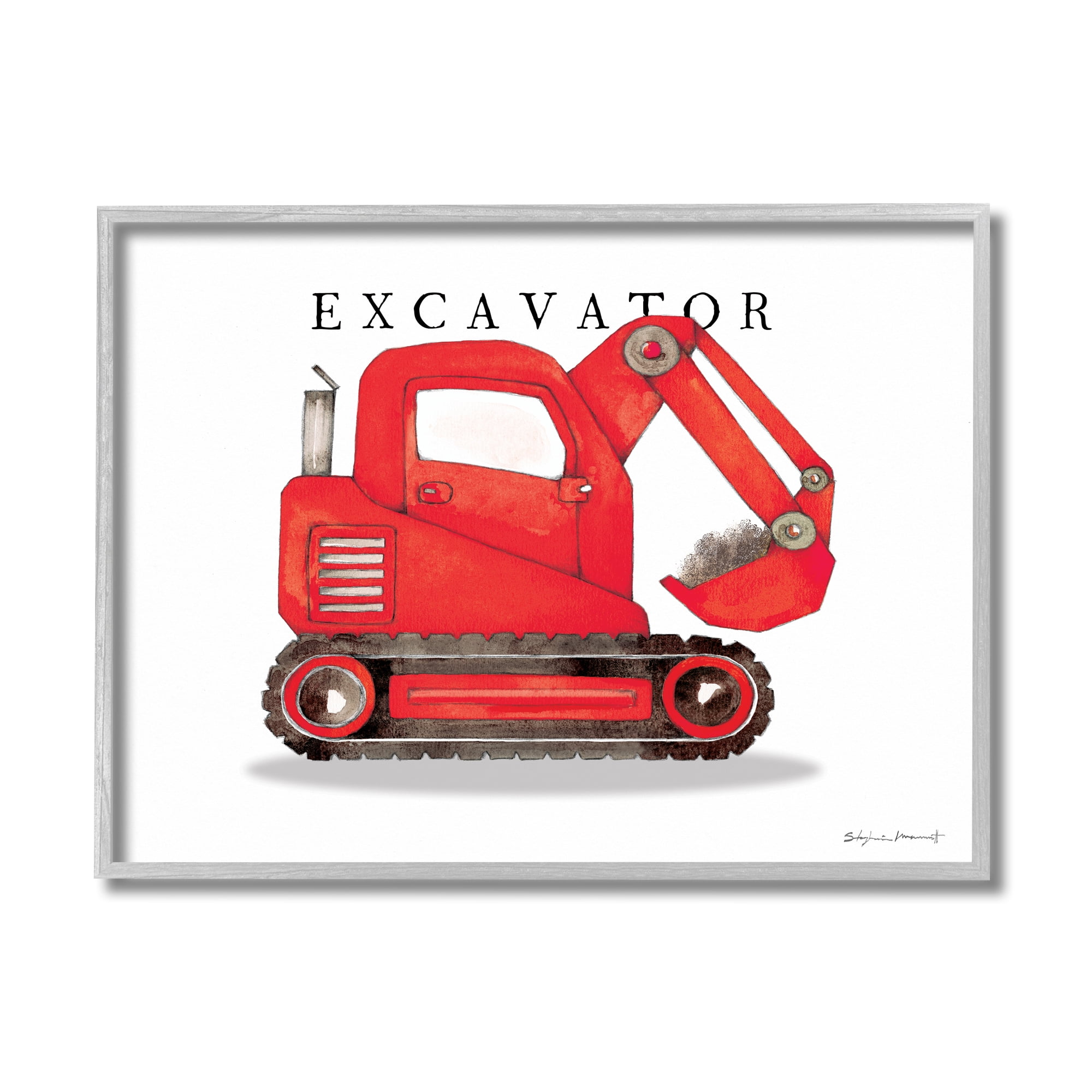 Stupell Industries Red Excavator Truck Traditional Construction Vehicle Transportation Painting Gray Framed Art Print Wall Art, 11 x 14