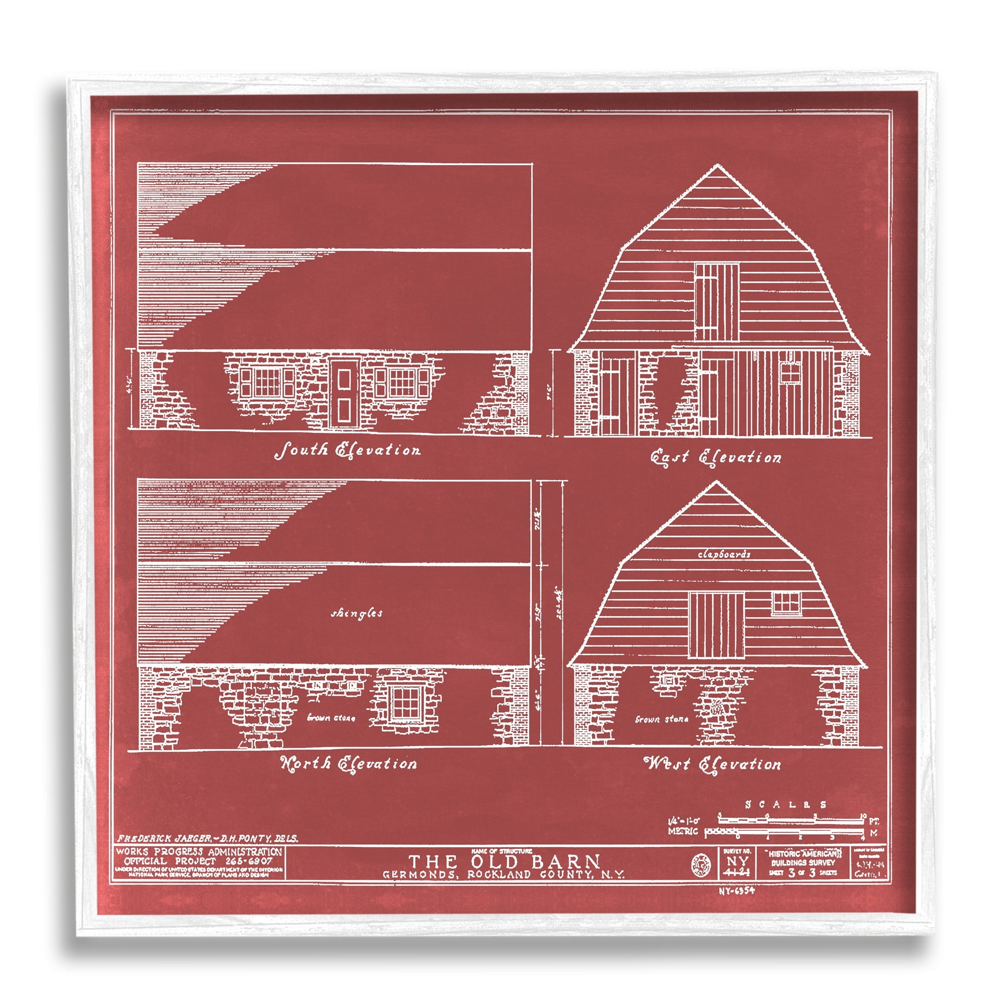 Stupell Industries Red Farmhouse Barn Detailed Blueprint Diagram , 17 x 17, Design by Annie Warren