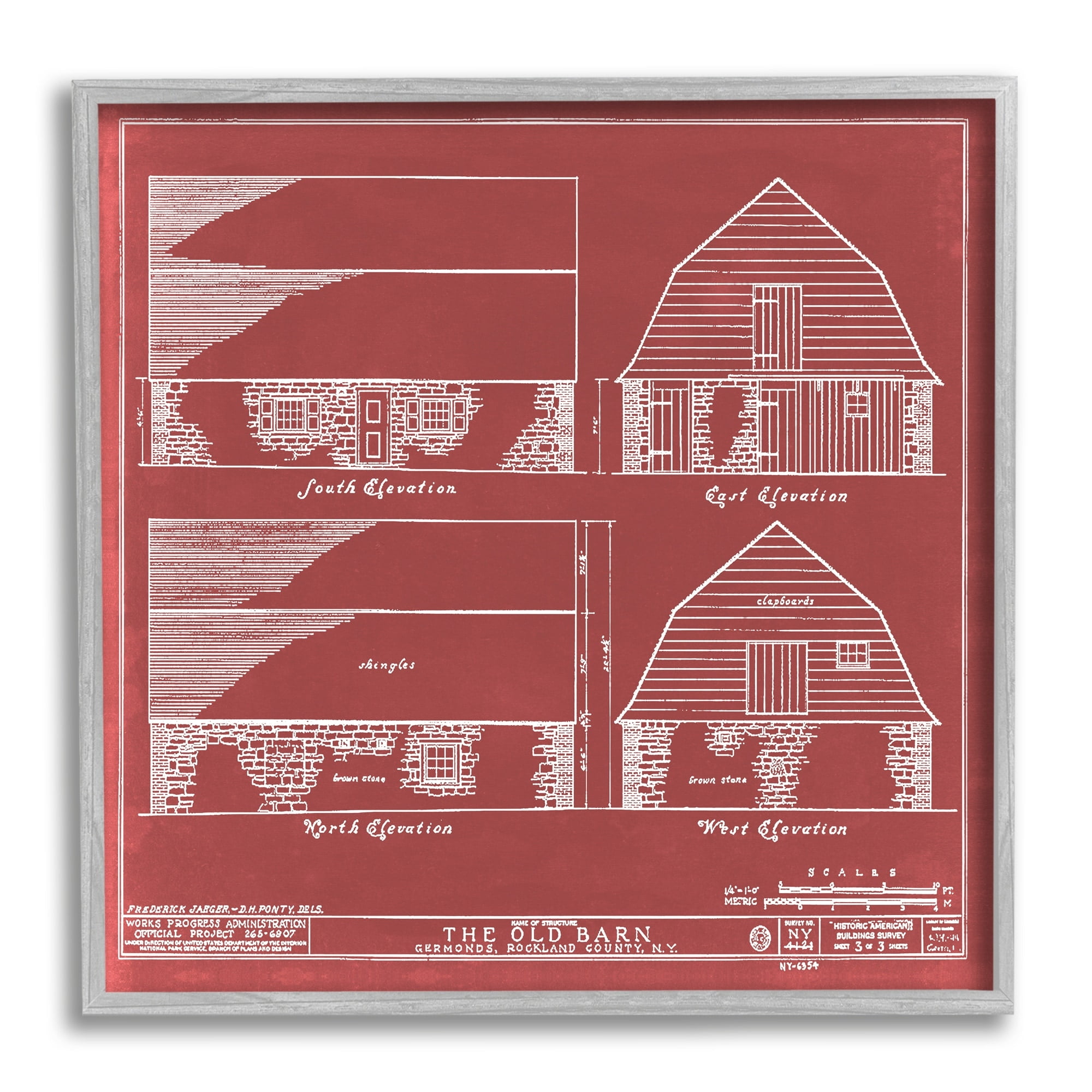 Stupell Industries Red Farmhouse Barn Detailed Blueprint Diagram , 24 x 24, Design by Annie Warren