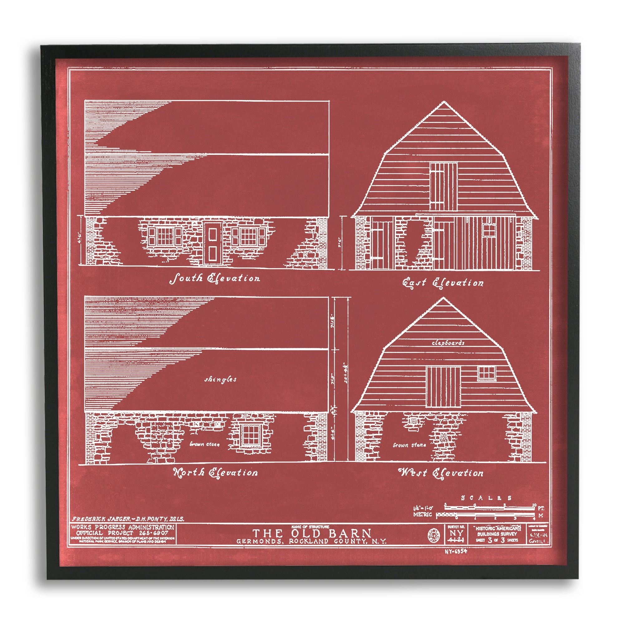 Stupell Industries Red Farmhouse Barn Detailed Blueprint Diagram , 24 x 24, Design by Annie Warren