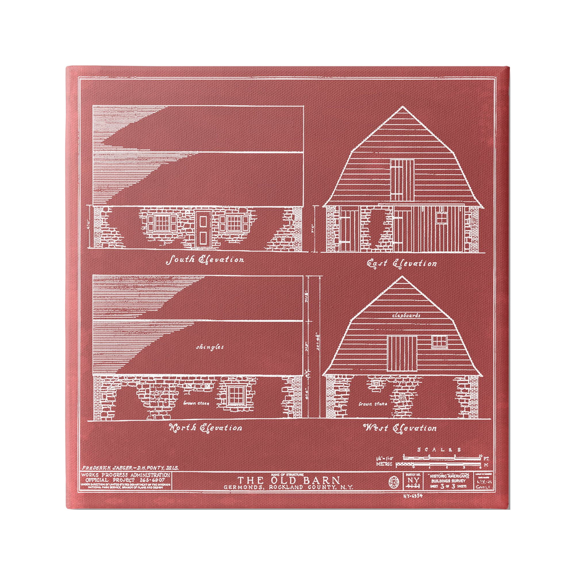 Stupell Industries Red Farmhouse Barn Detailed Blueprint Diagram , 36 x 36, Design by Annie Warren