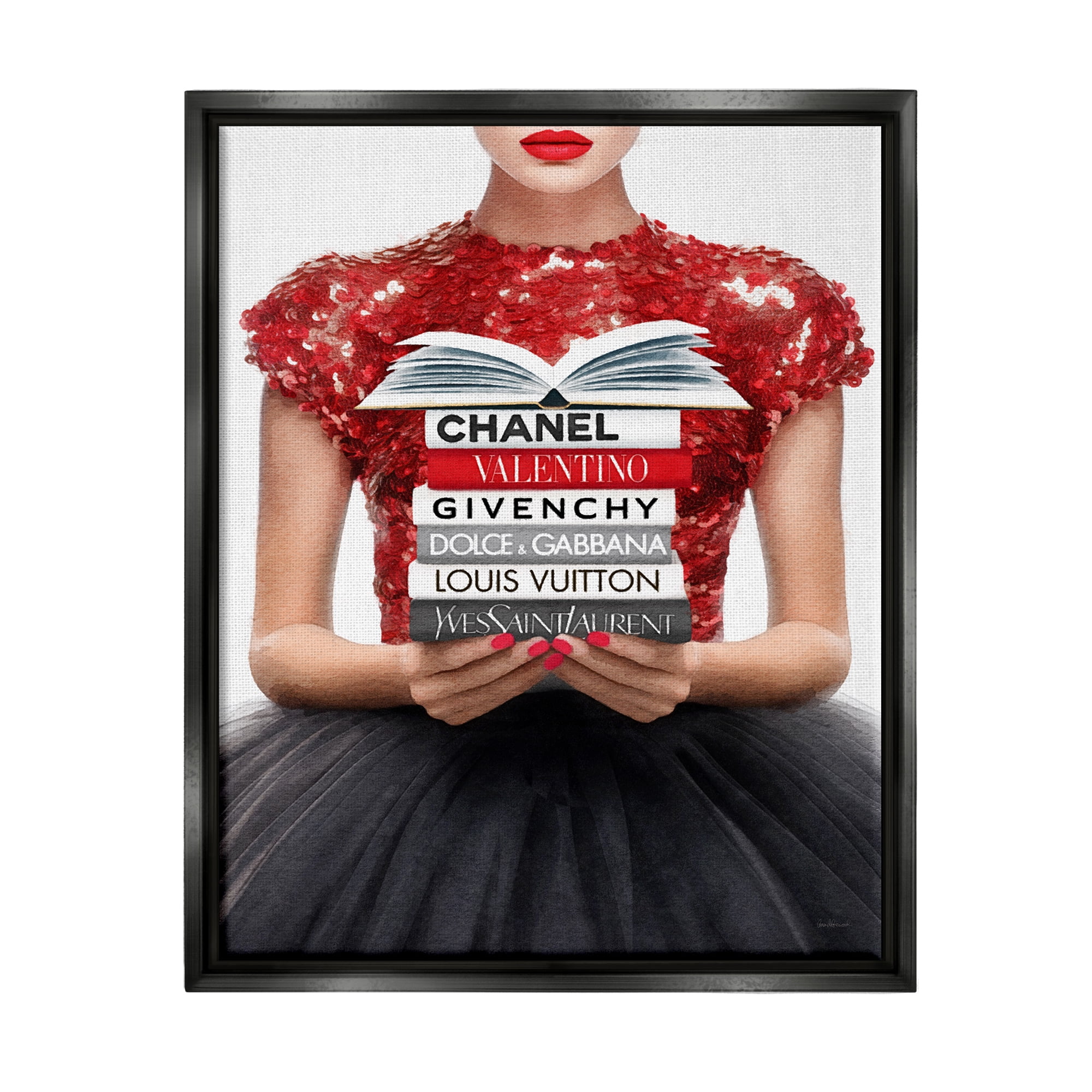 Stupell Industries Red Fashion Books Girl Beauty & Fashion Painting Black Floater Framed Canvas Art Print Wall Art, 25 x 31