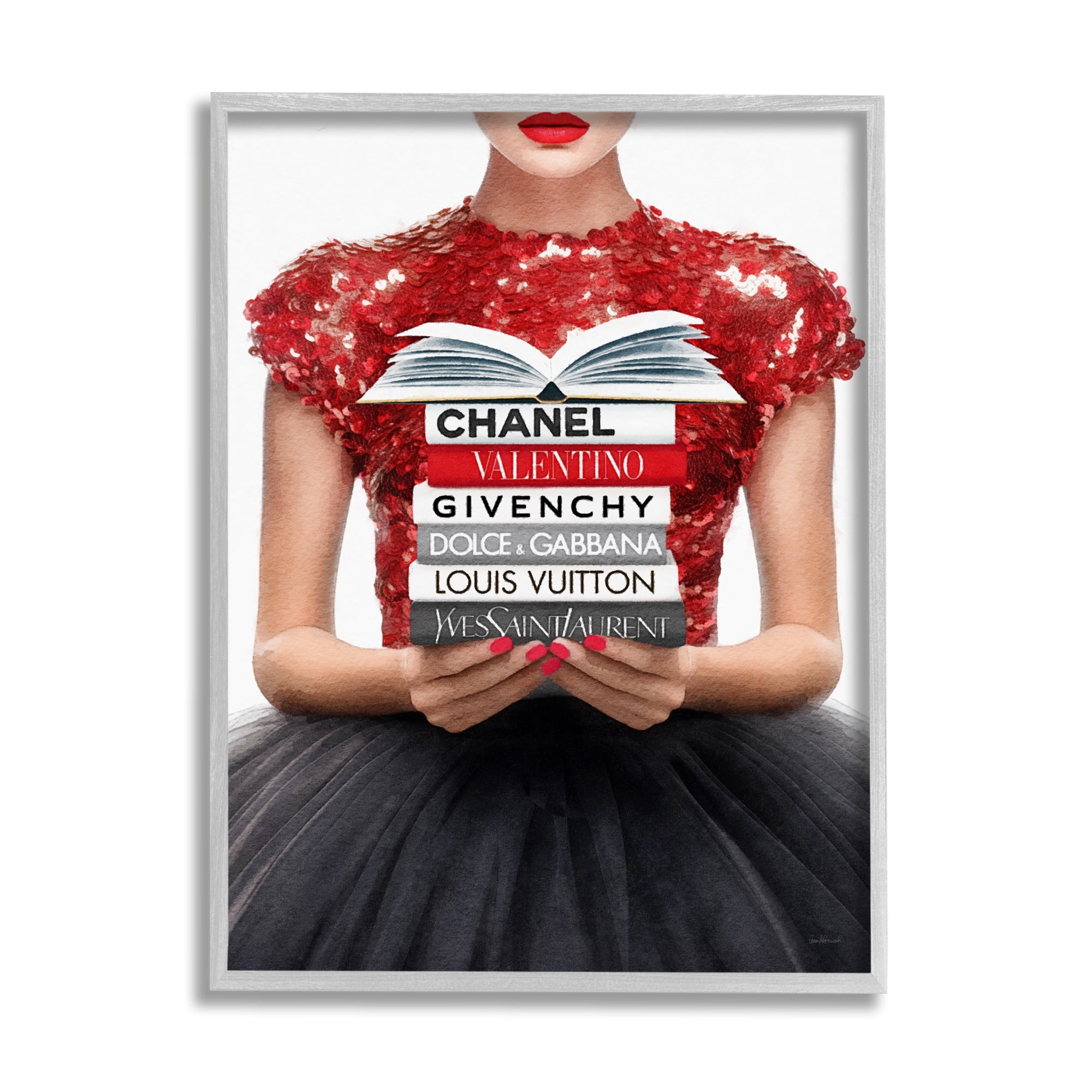 Stupell Industries Red Fashion Books Girl Beauty & Fashion Painting Gray Framed Art Print Wall Art, 11 x 14