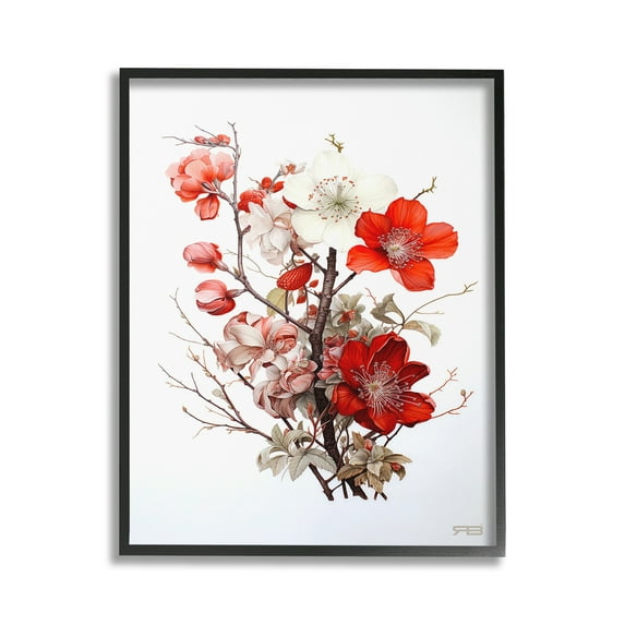 Stupell Industries Red Flower Branches Botanical & Floral Painting Black Framed Art Print Wall Art, 24 x 30