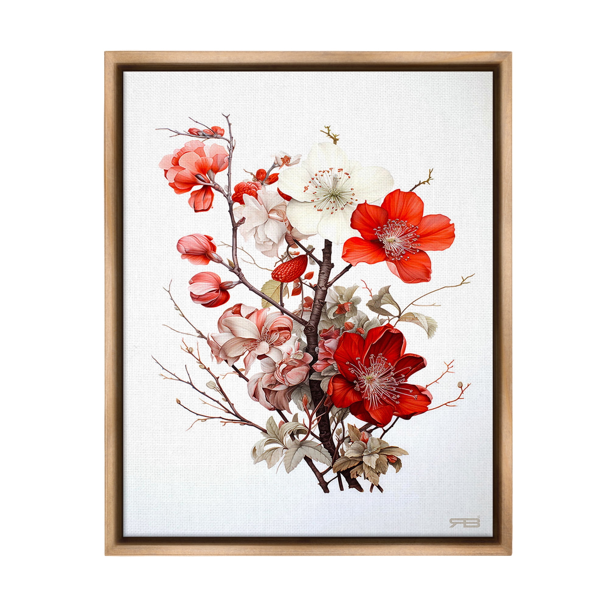 Stupell Industries Red Flower Branches Botanical & Floral Painting Brown Floater Framed Canvas Art Print Wall Art, 17 x 21