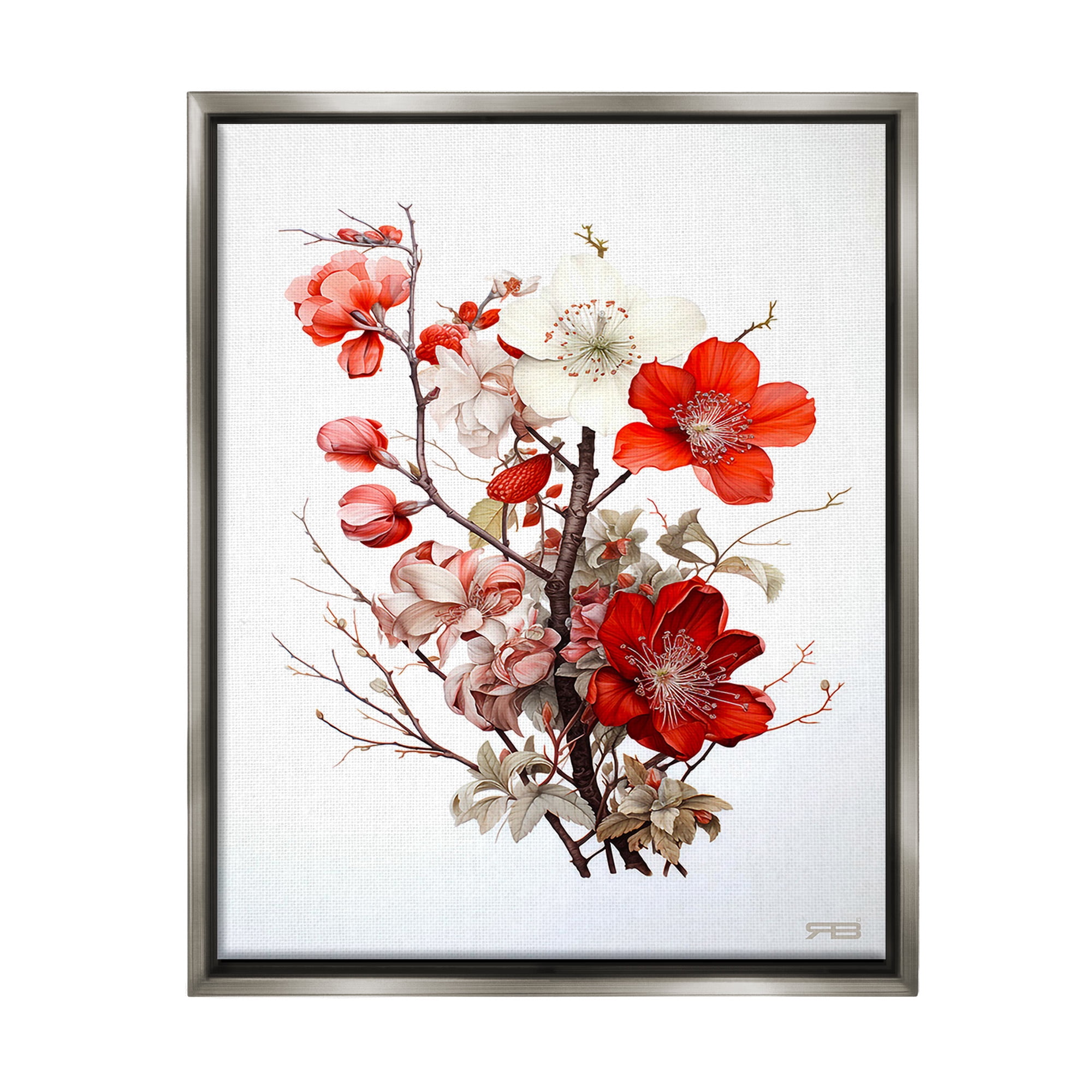 Stupell Industries Red Flower Branches Botanical & Floral Painting Gray Floater Framed Canvas Art Print Wall Art, 17 x 21