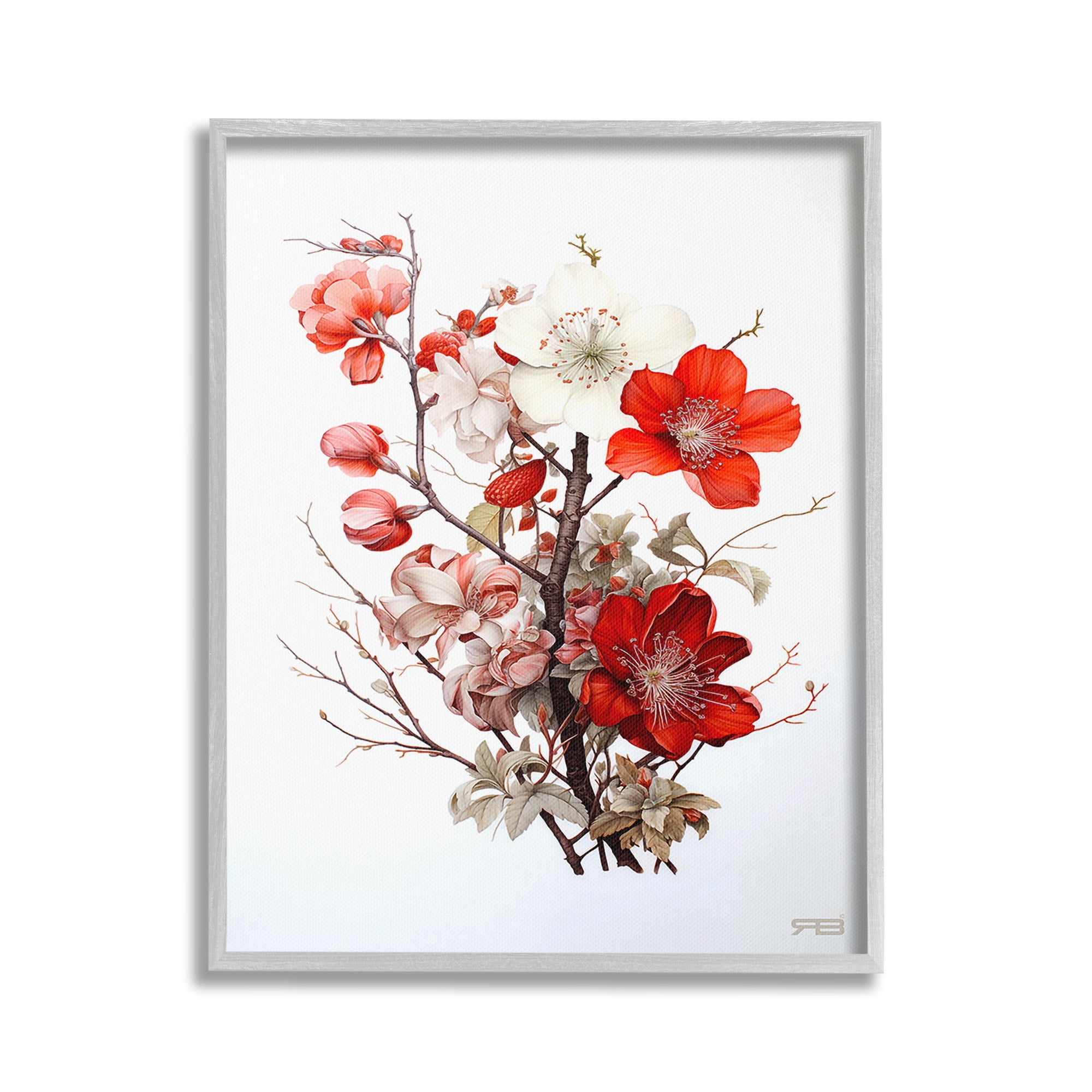 Stupell Industries Red Flower Branches Botanical & Floral Painting Gray Framed Art Print Wall Art, 24 x 30