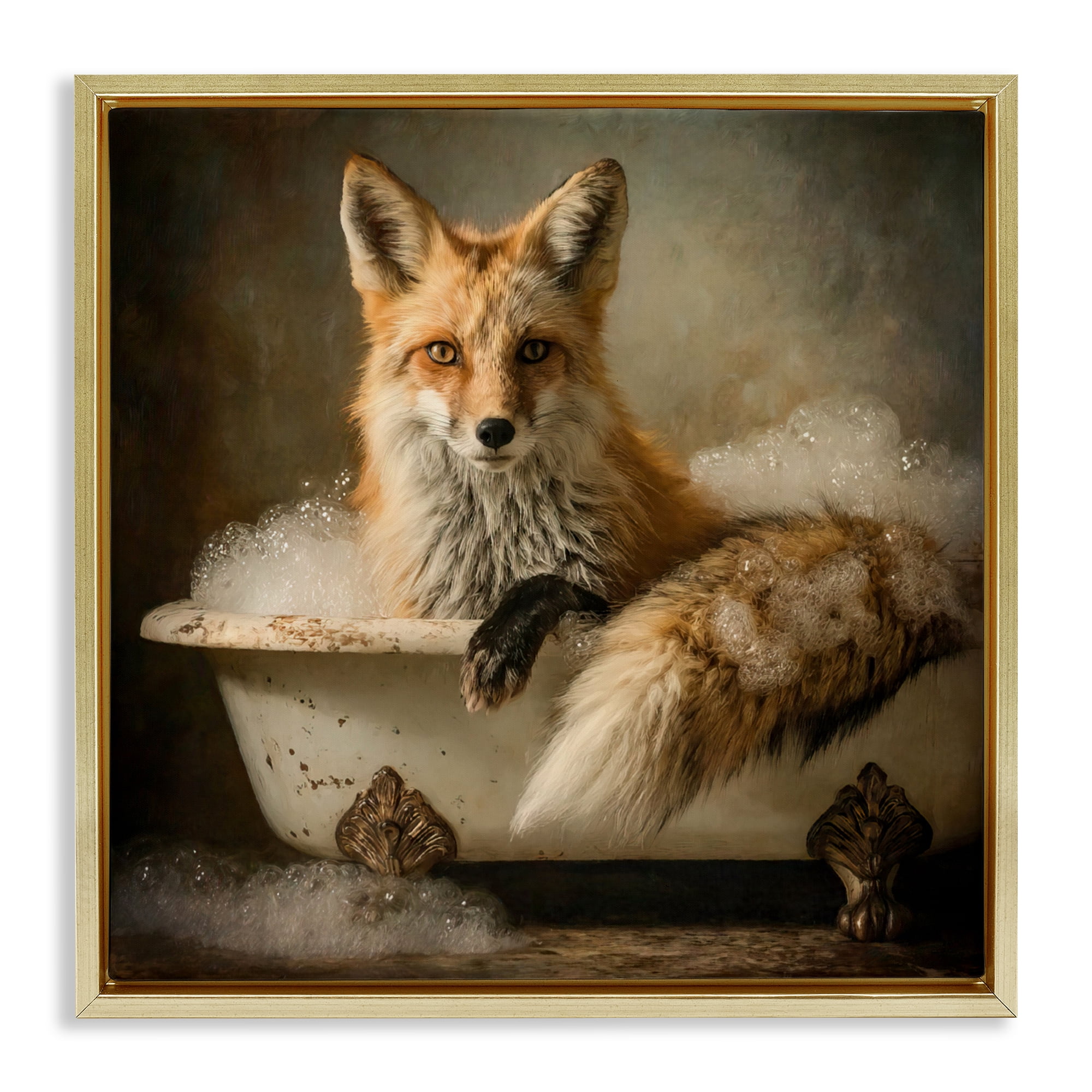 Stupell Industries Red Fox Bubble Bath Gold Framed Floater Canvas Wall Art, design by Tina LeCour