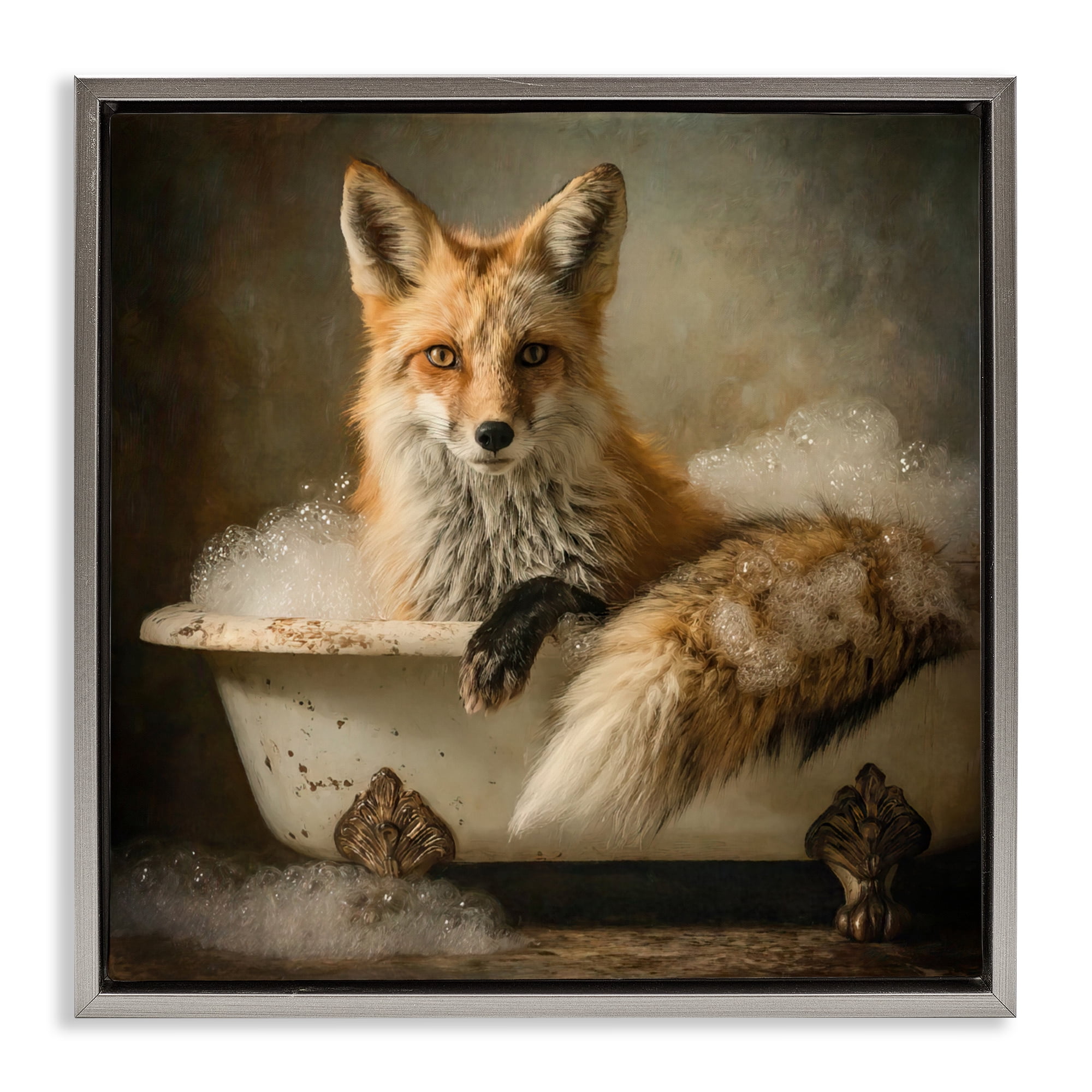 Stupell Industries Red Fox Bubble Bath Gray Framed Floater Canvas Wall Art, design by Tina LeCour