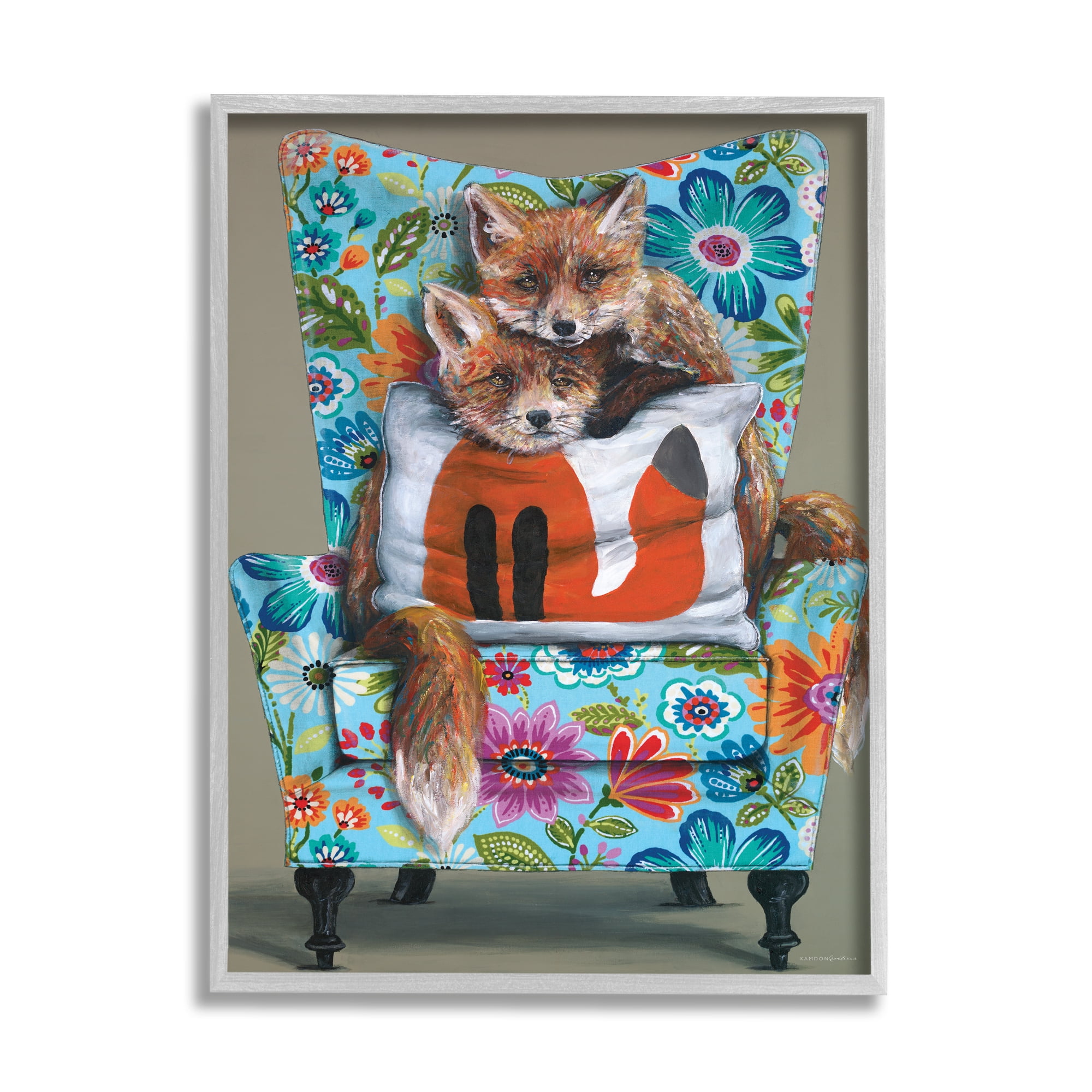 Stupell Industries Red Fox Pair Sitting Chair Spring Floral Pattern, 11 x 14, Design by Kamdon Kreations
