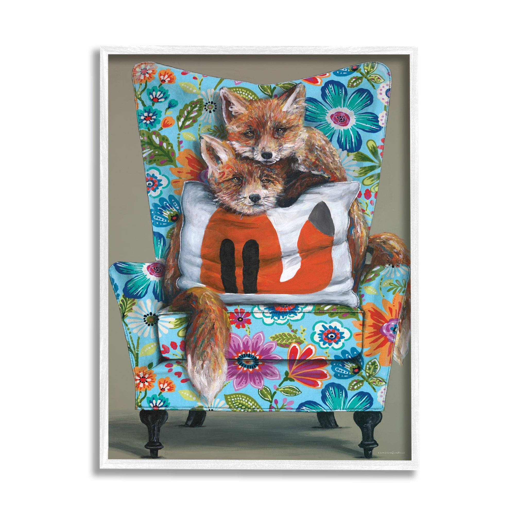 Stupell Industries Red Fox Pair Sitting Chair Spring Floral Pattern, 16 x 20, Design by Kamdon Kreations