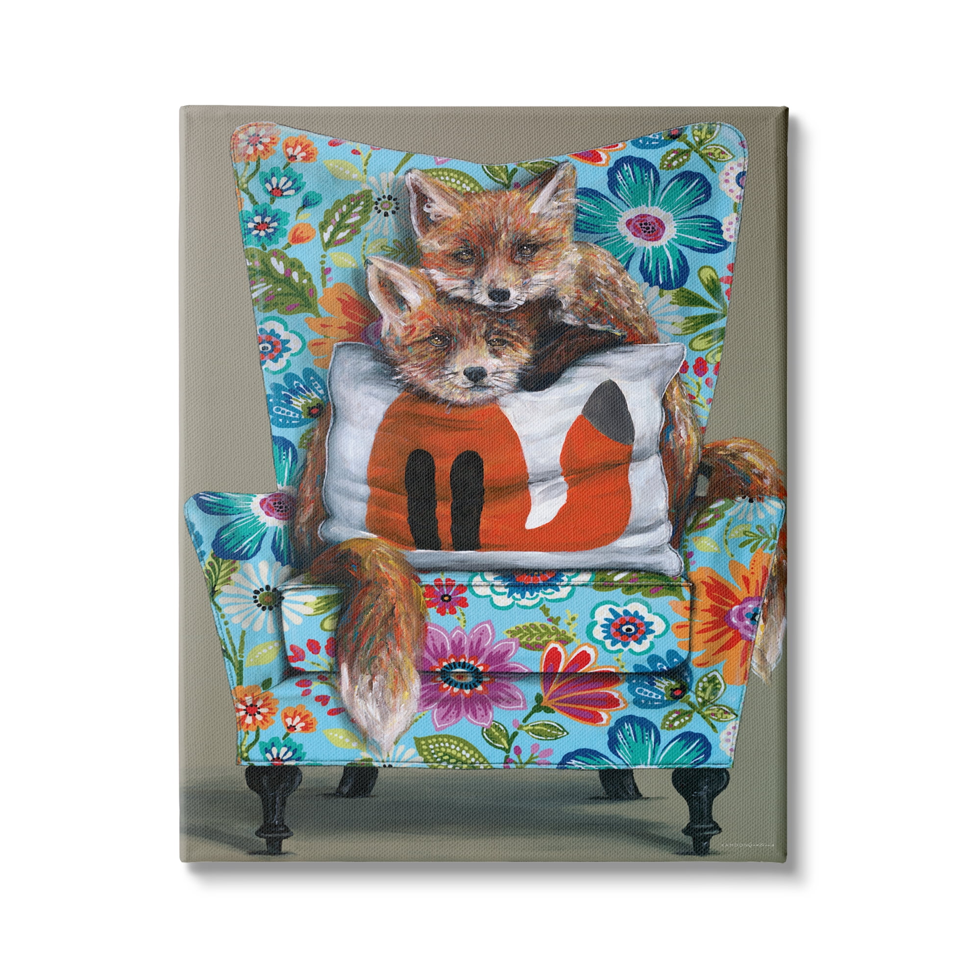 Stupell Industries Red Fox Pair Sitting Chair Spring Floral Pattern, 30 x 40, Design by Kamdon Kreations