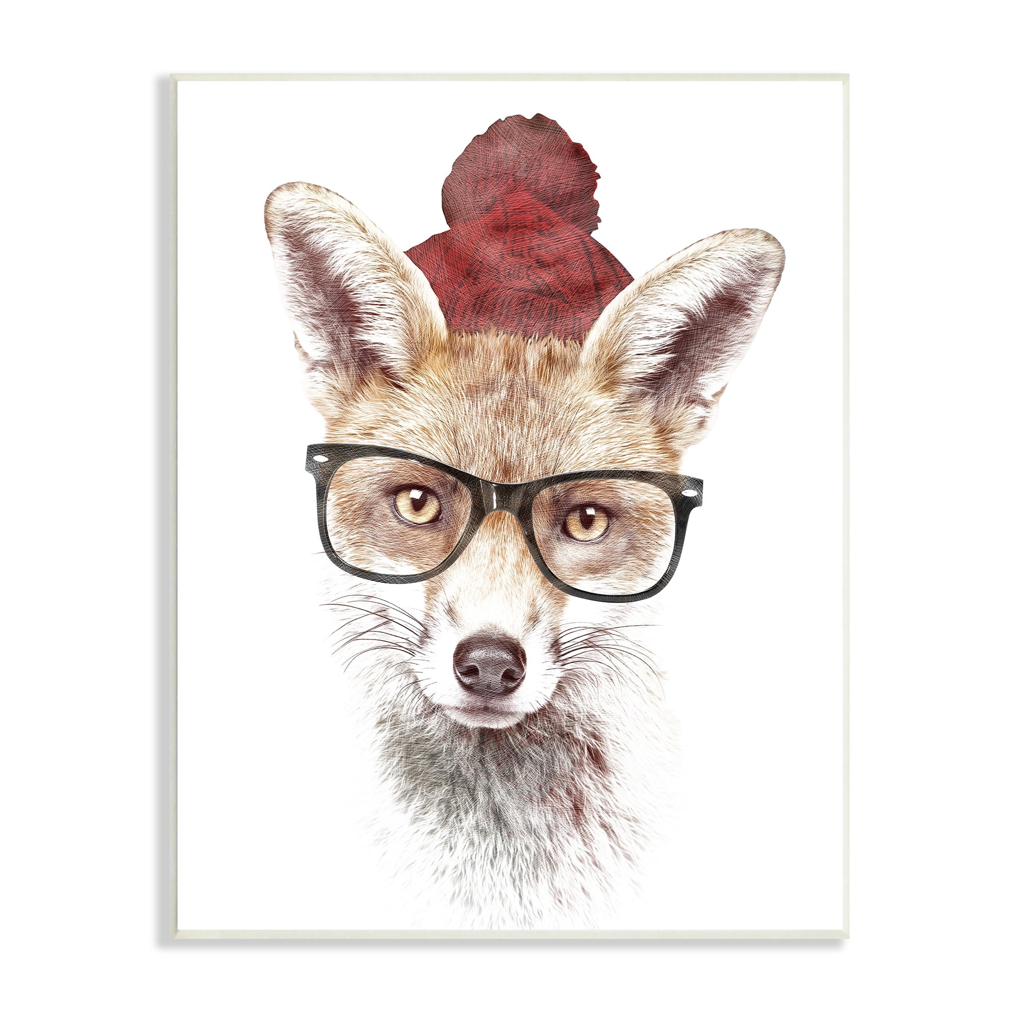 Stupell Industries Red Fox Winter Beanie Hat Glasses Spectacles Wood Wall Art, 13 x 19, Design by Robert Farkas
