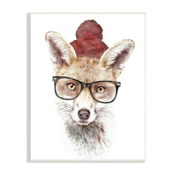 Stupell Industries Red Fox Winter Beanie Hat Glasses Spectacles Wood Wall Art, 13 x 19, Design by Robert Farkas