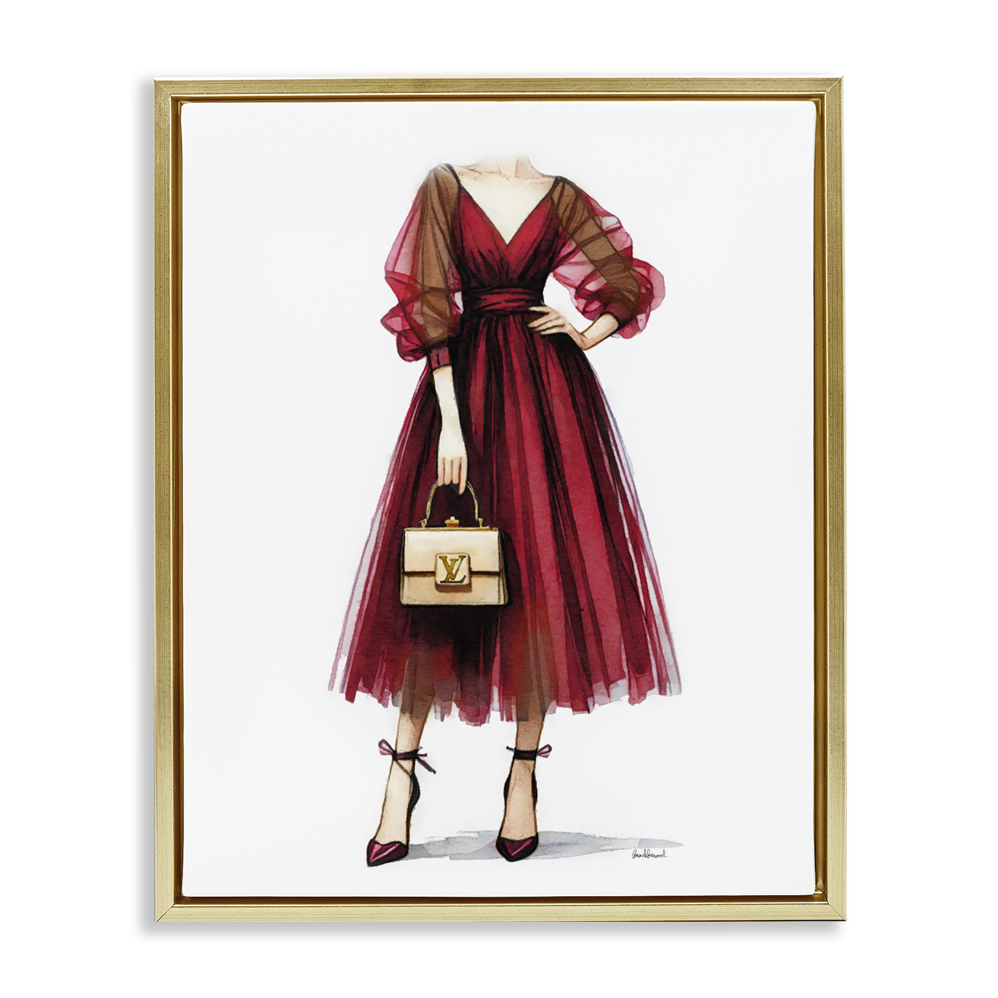 Stupell Industries Red Glam Gown Fashion Painting Gold Floater Framed Canvas Art Print Wall Art, 25 x 31