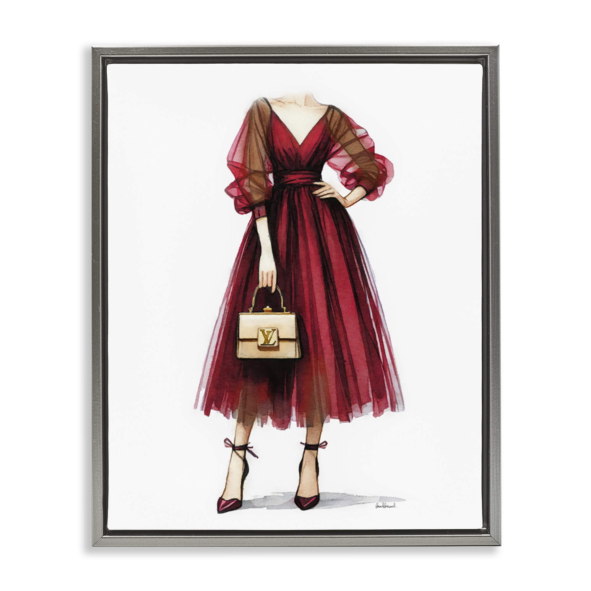 Stupell Industries Red Glam Gown Fashion Painting Gray Floater Framed Canvas Art Print Wall Art, 17 x 21