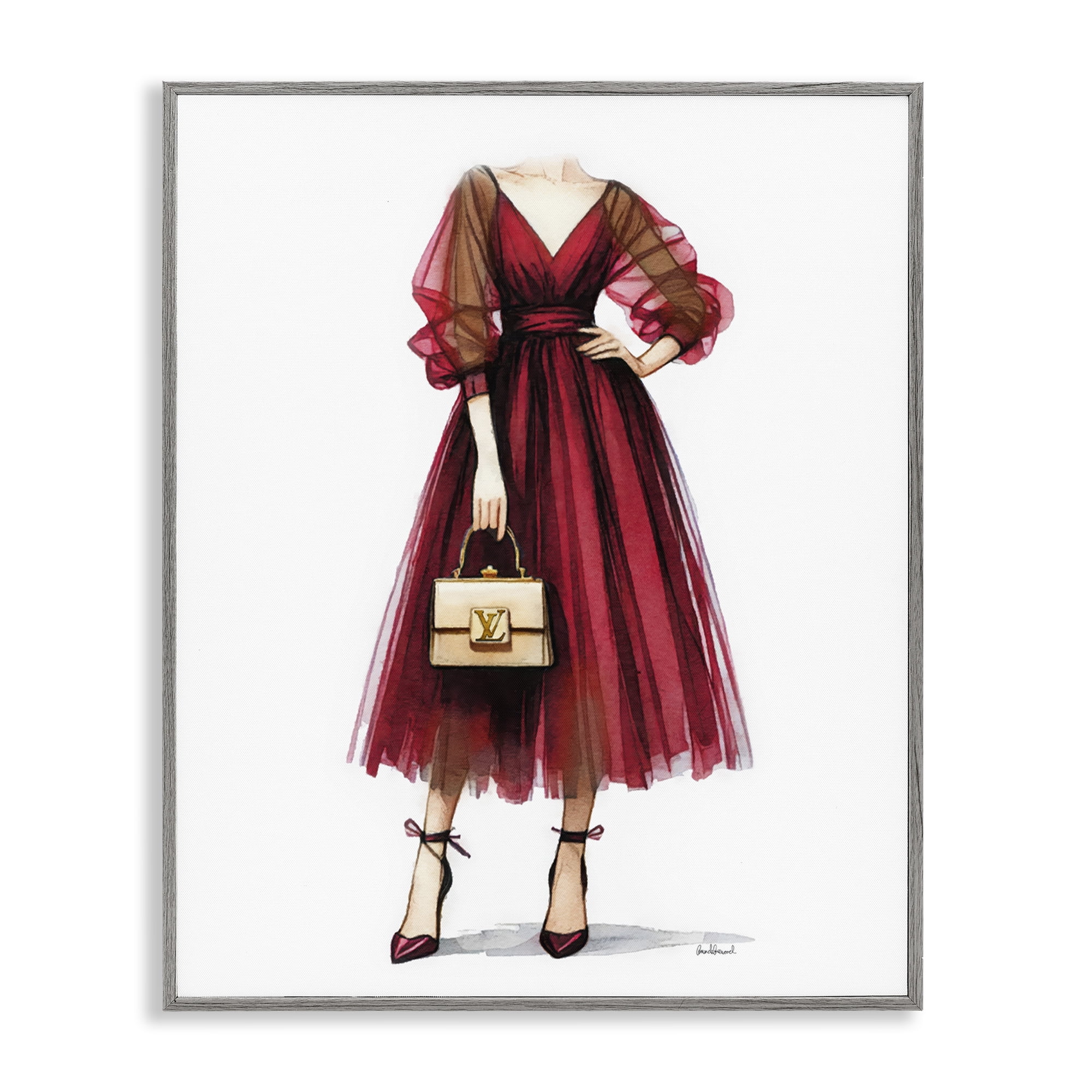 Stupell Industries Red Glam Gown Fashion Painting Gray Framed Art Print Wall Art, 24 x 30