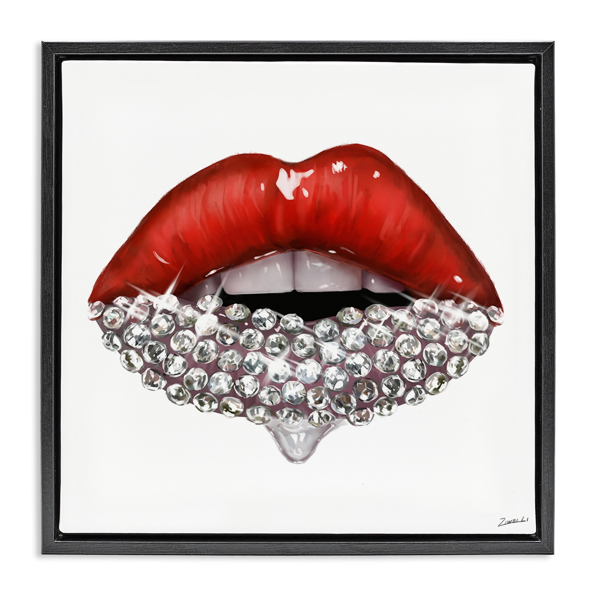 Stupell Industries Red Glam Lips with Gemstones Beauty & Fashion Painting Black Floater Framed Canvas Art Print Wall Art, 18 x 18