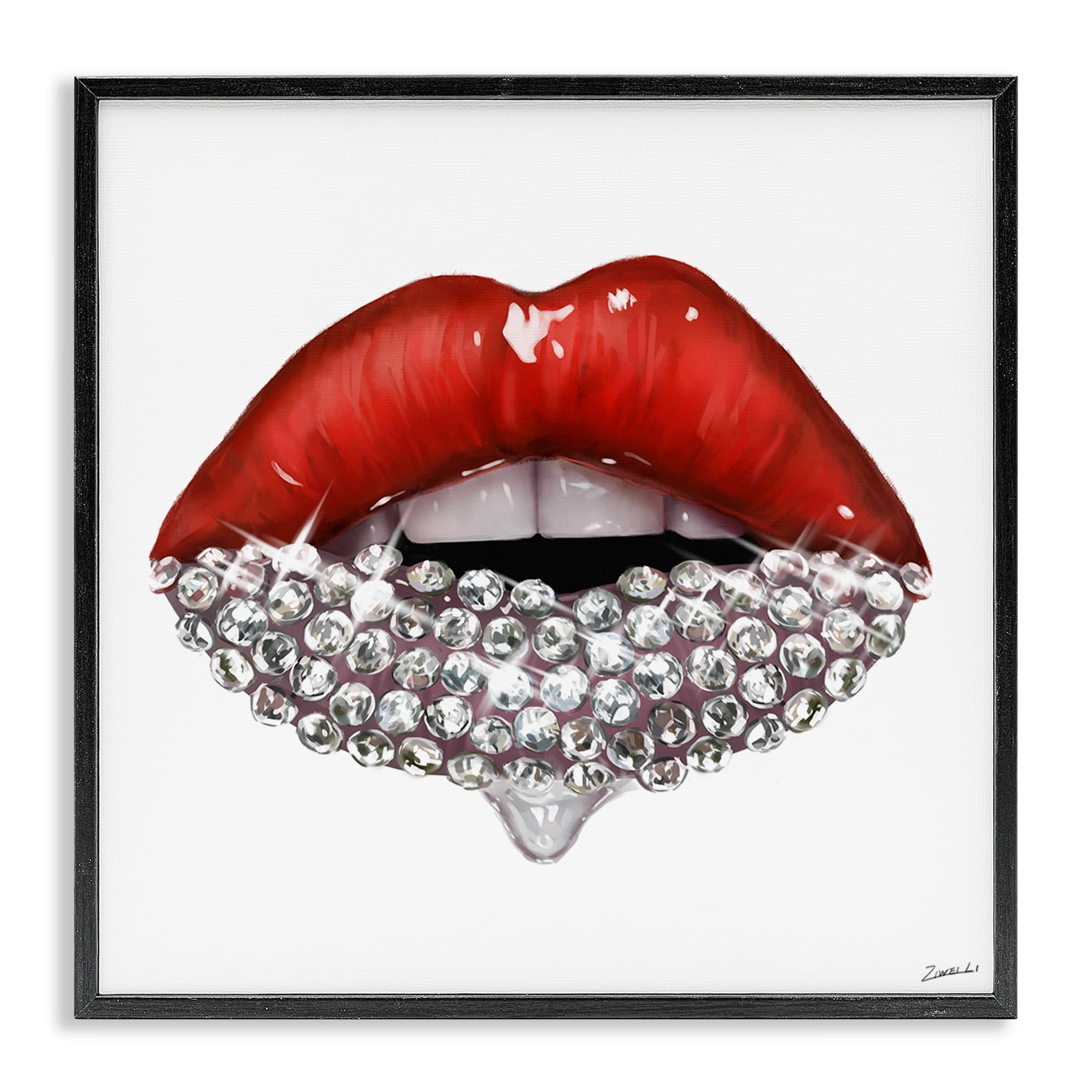 Stupell Industries Red Glam Lips with Gemstones Beauty & Fashion Painting Black Framed Art Print Wall Art, 17 x 17