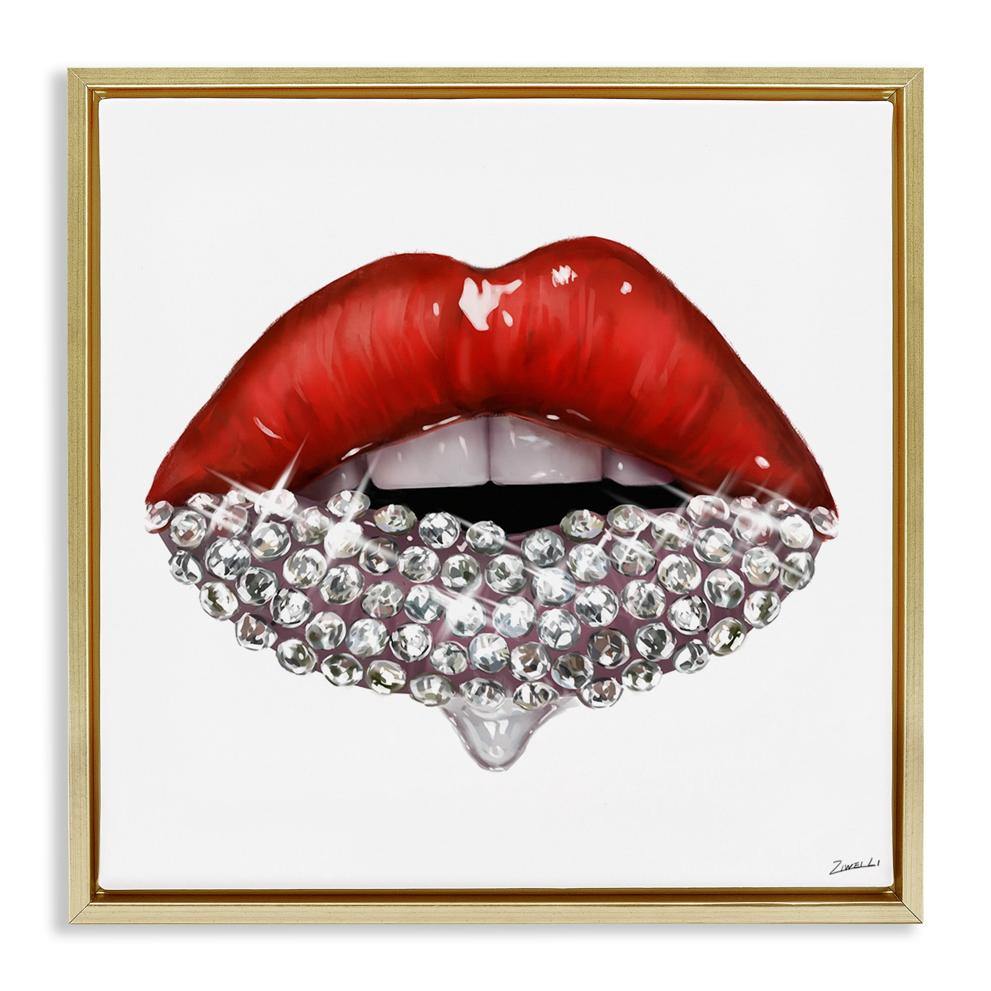 Stupell Industries Red Glam Lips with Gemstones Beauty & Fashion Painting Gold Floater Framed Canvas Art Print Wall Art, 18 x 18