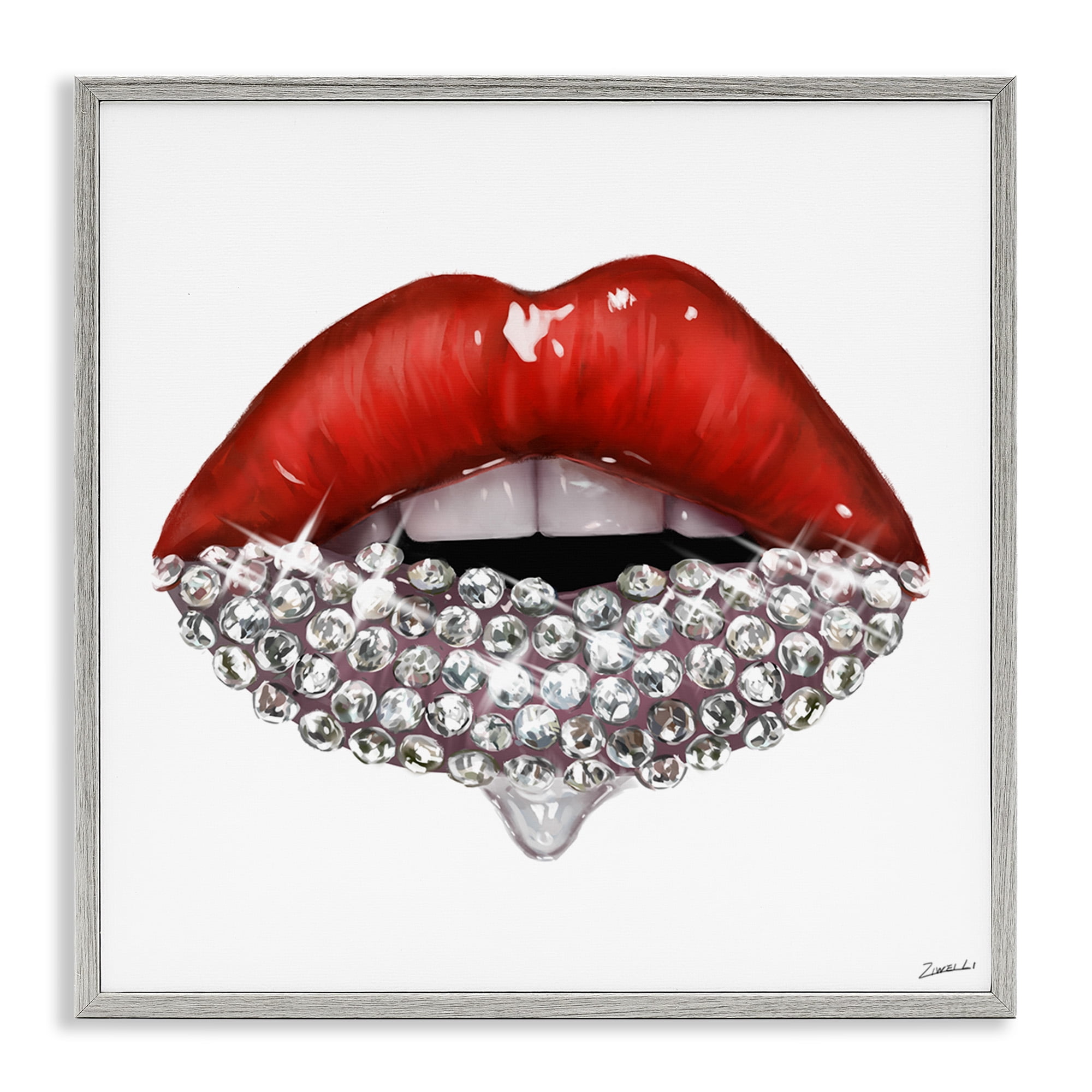 Stupell Industries Red Glam Lips with Gemstones Beauty & Fashion Painting Gray Framed Art Print Wall Art, 17 x 17