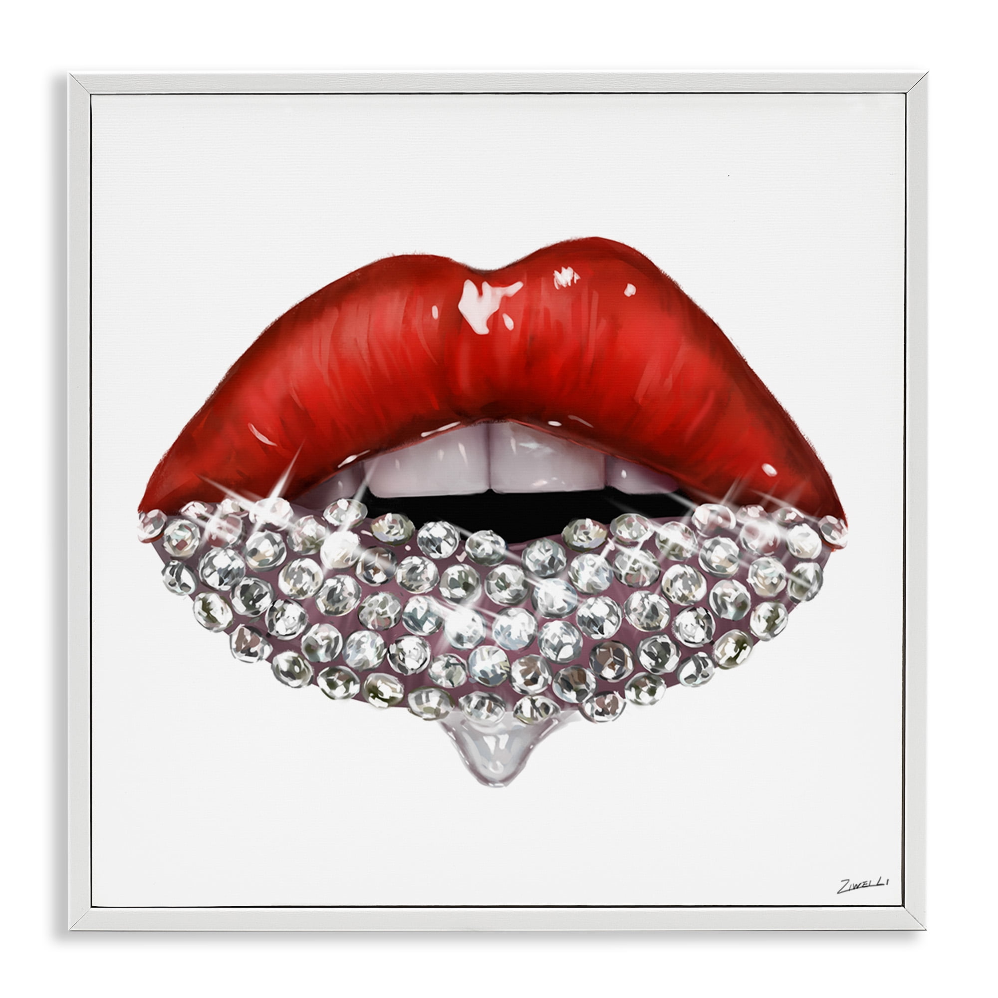 Stupell Industries Red Glam Lips with Gemstones Beauty & Fashion Painting White Framed Art Print Wall Art, 17 x 17