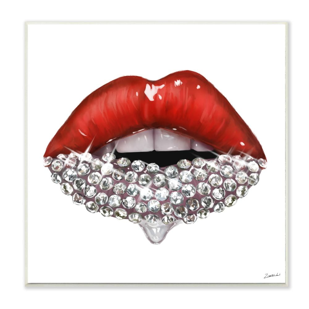 Red Glam Lips with Glistening Stones MDF Wall Art, 12x12