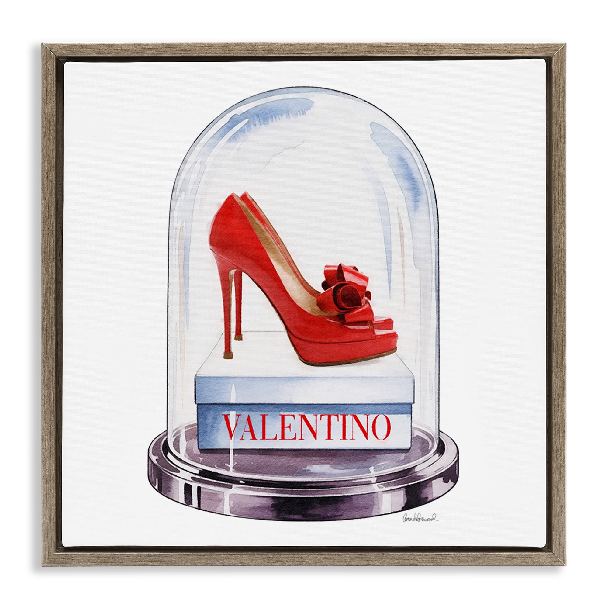 Stupell Industries Red Heels in Bell Jar Brown Framed Floater Canvas Wall Art, design by Amanda Greenwood