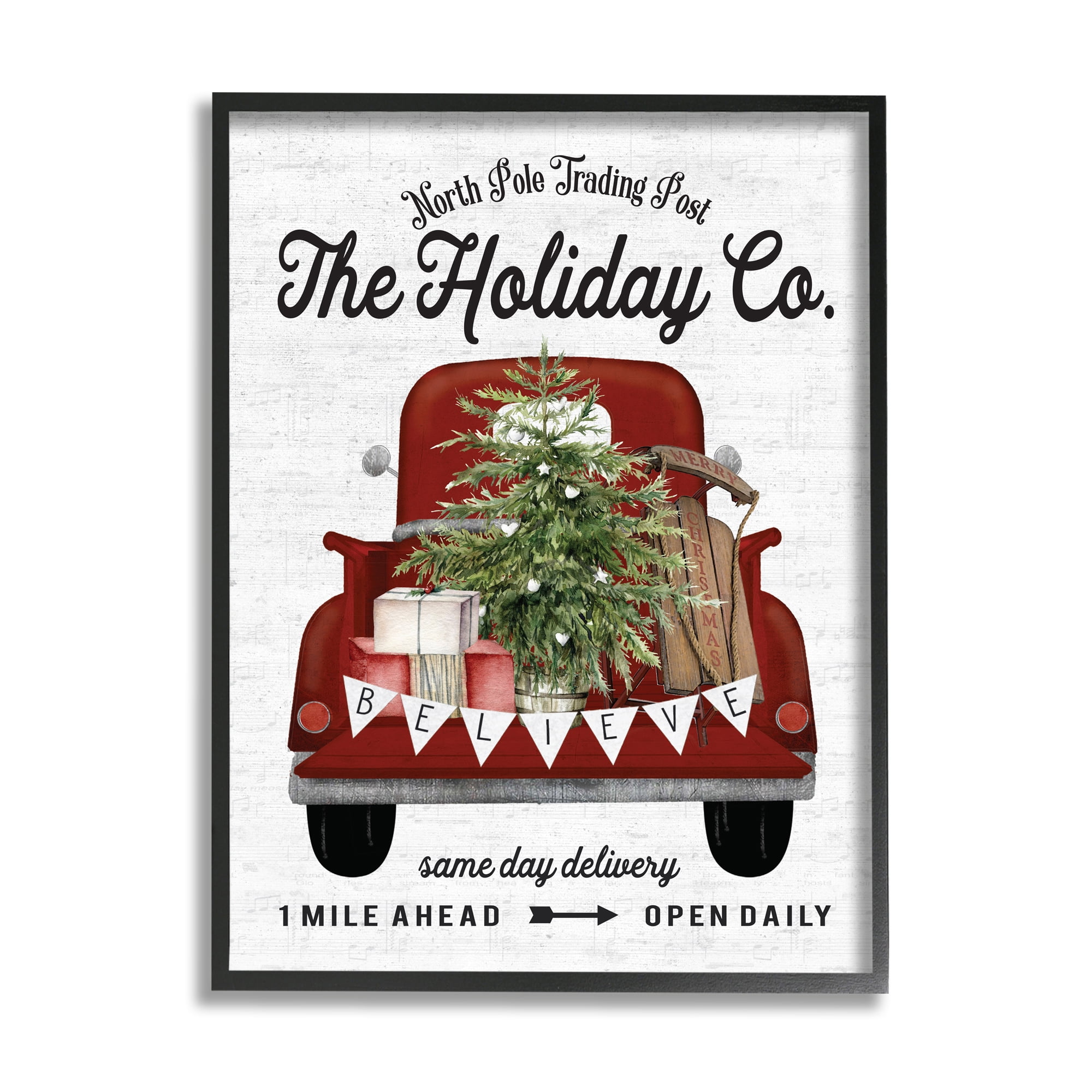 Stupell Industries Red Holiday Truck Winter Green Fir Tree Holiday Painting Black Framed Art Print Wall Art, 24 x 30