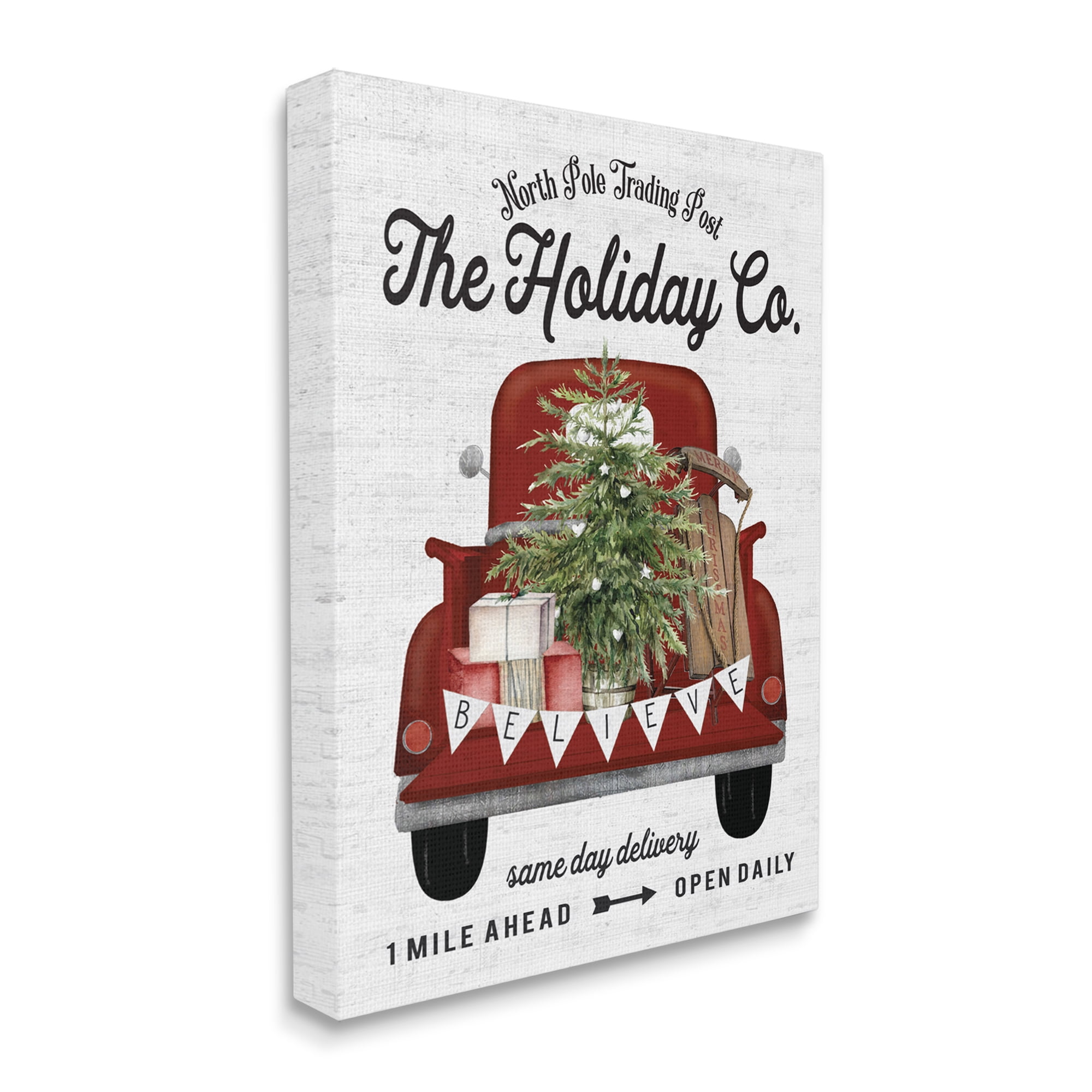 Stupell Industries Red Holiday Truck Winter Green Fir Tree Holiday Painting Gallery Wrapped Canvas Art Print Wall Art, 24 x 30