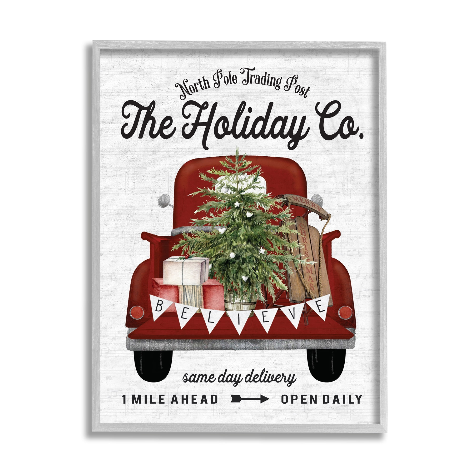 Stupell Industries Red Holiday Truck Winter Green Fir Tree Holiday Painting Gray Framed Art Print Wall Art, 16 x 20