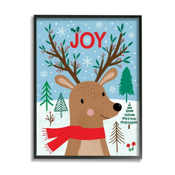 Stupell Industries Red Holly Reindeer Winter Forest Joy Typography Animals & Insects Painting Black Framed Art Print Wall Art, 24 x 30