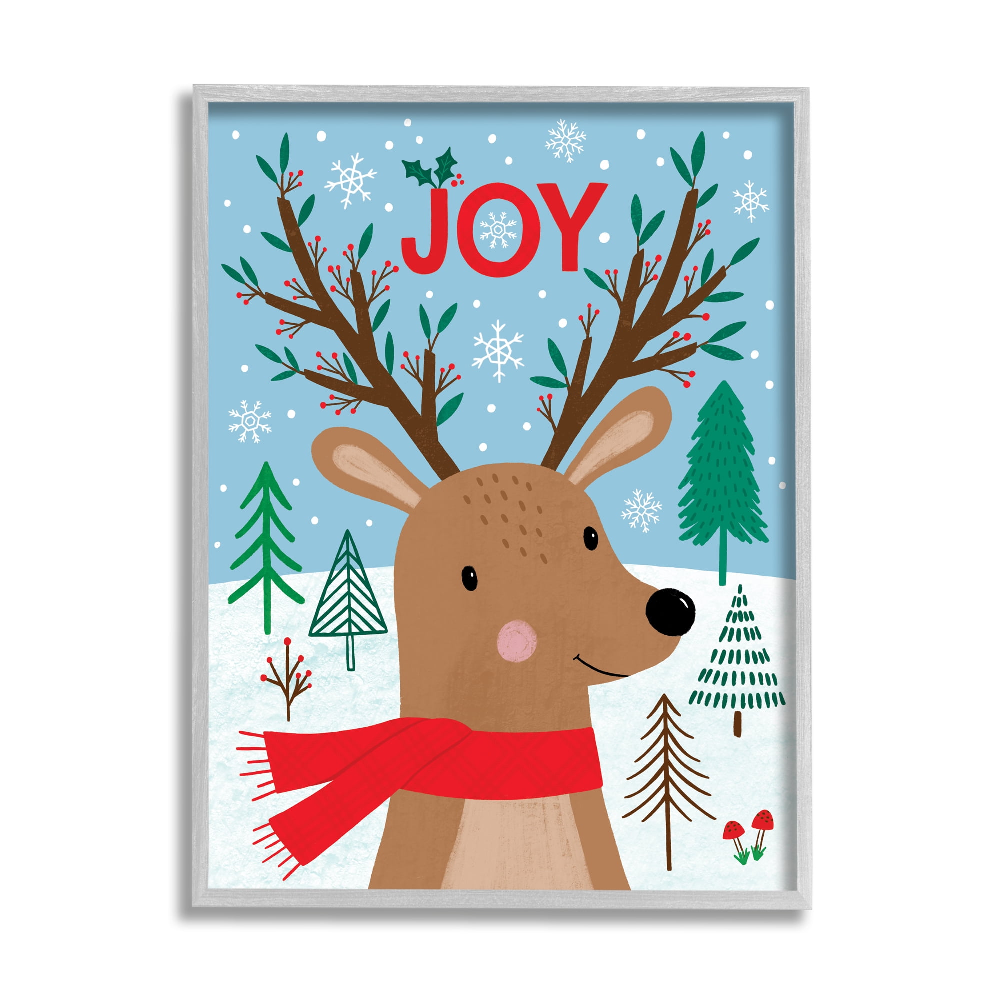 Stupell Industries Red Holly Reindeer Winter Forest Joy Typography Animals & Insects Painting Gray Framed Art Print Wall Art, 11 x 14
