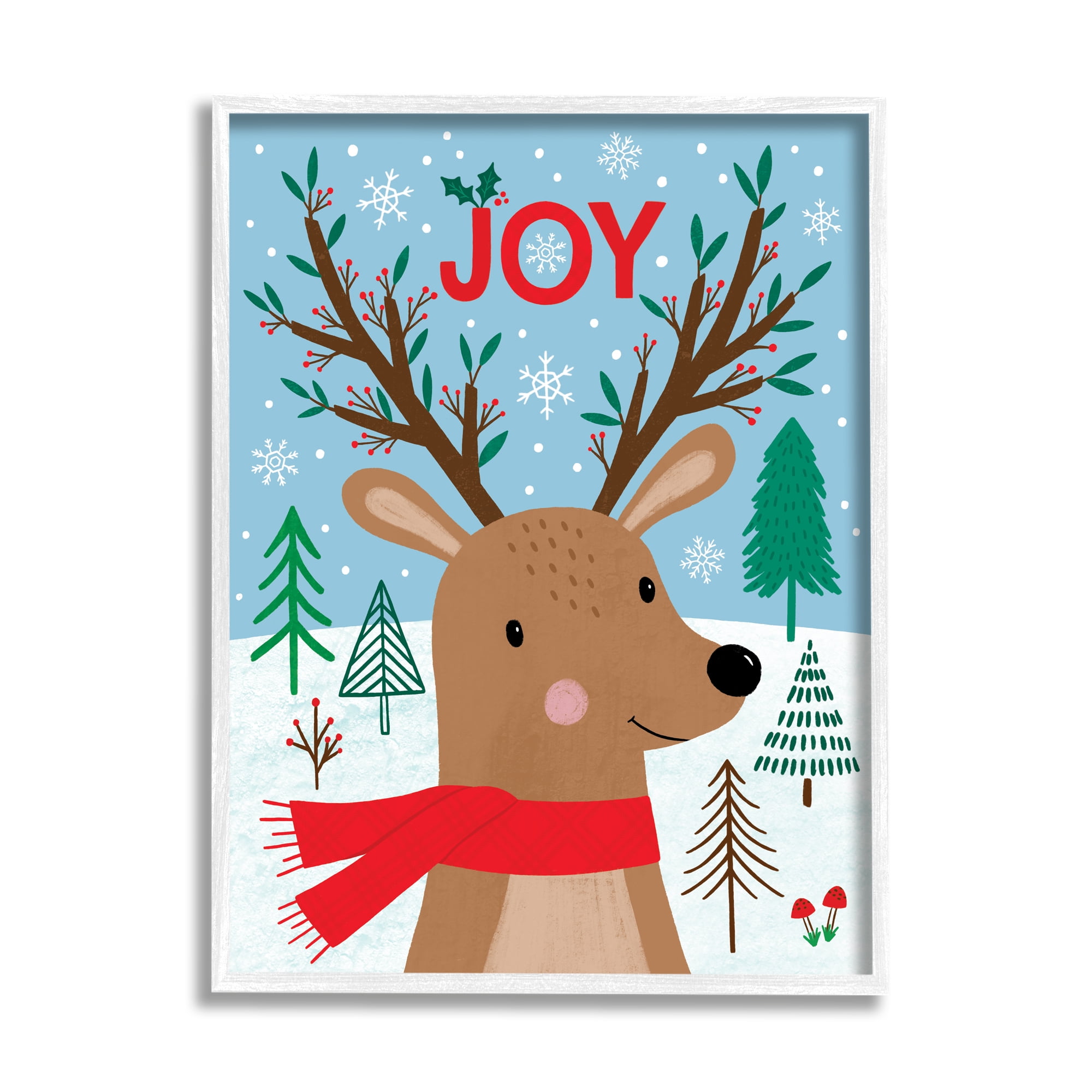 Stupell Industries Red Holly Reindeer Winter Forest Joy Typography Animals & Insects Painting White Framed Art Print Wall Art, 16 x 20
