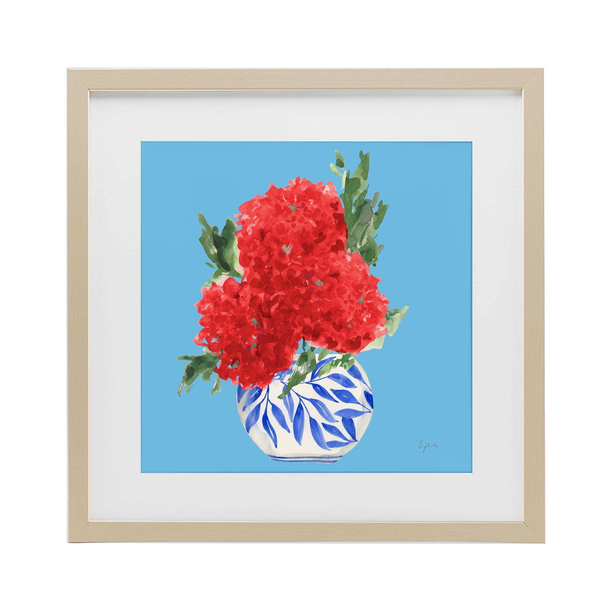 Stupell Industries Red Hydrangeas Blue Vase Birch Framed Print Under Glass, design by Lucille Price