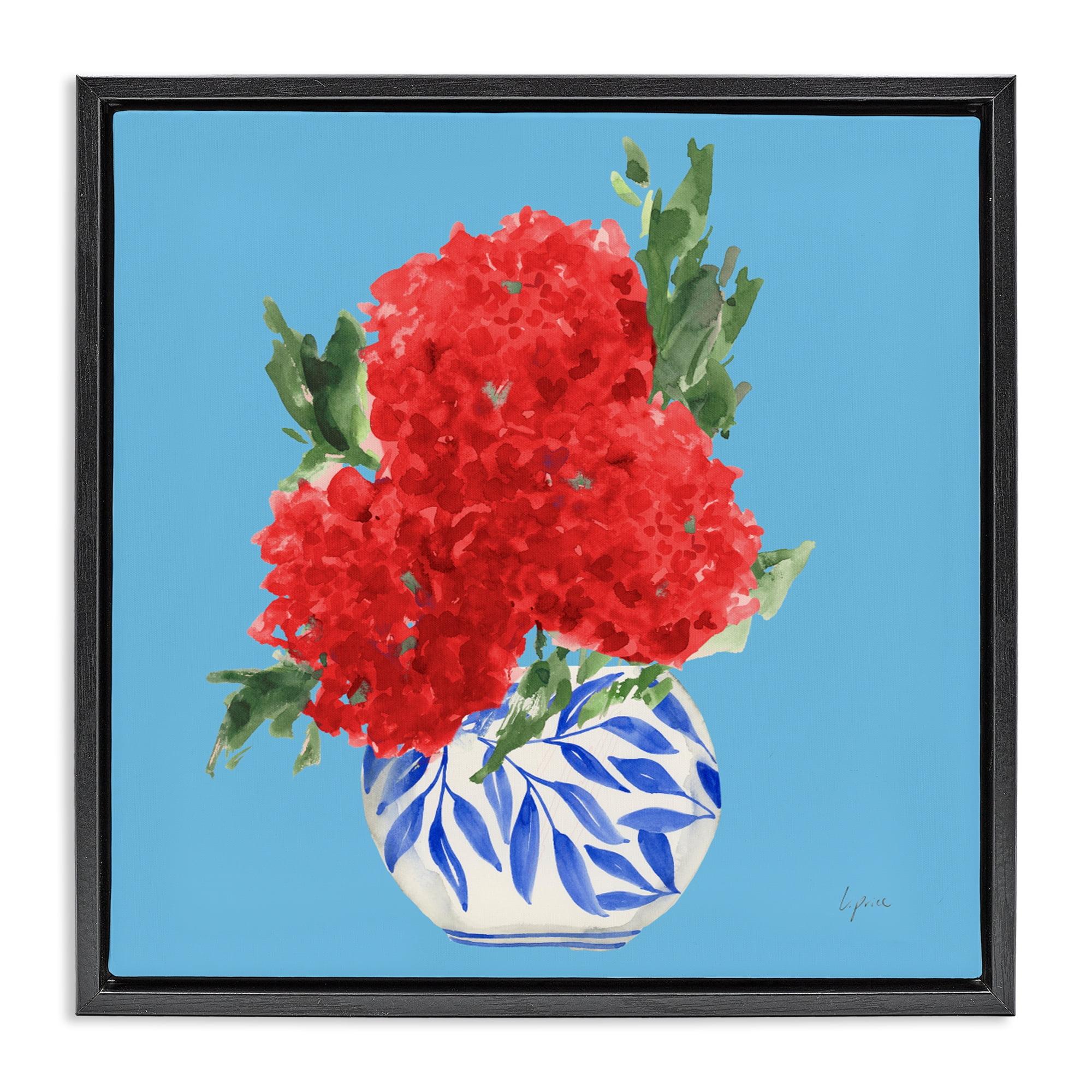 Stupell Industries Red Hydrangeas Blue Vase Black Framed Floater Canvas Wall Art, design by Lucille Price