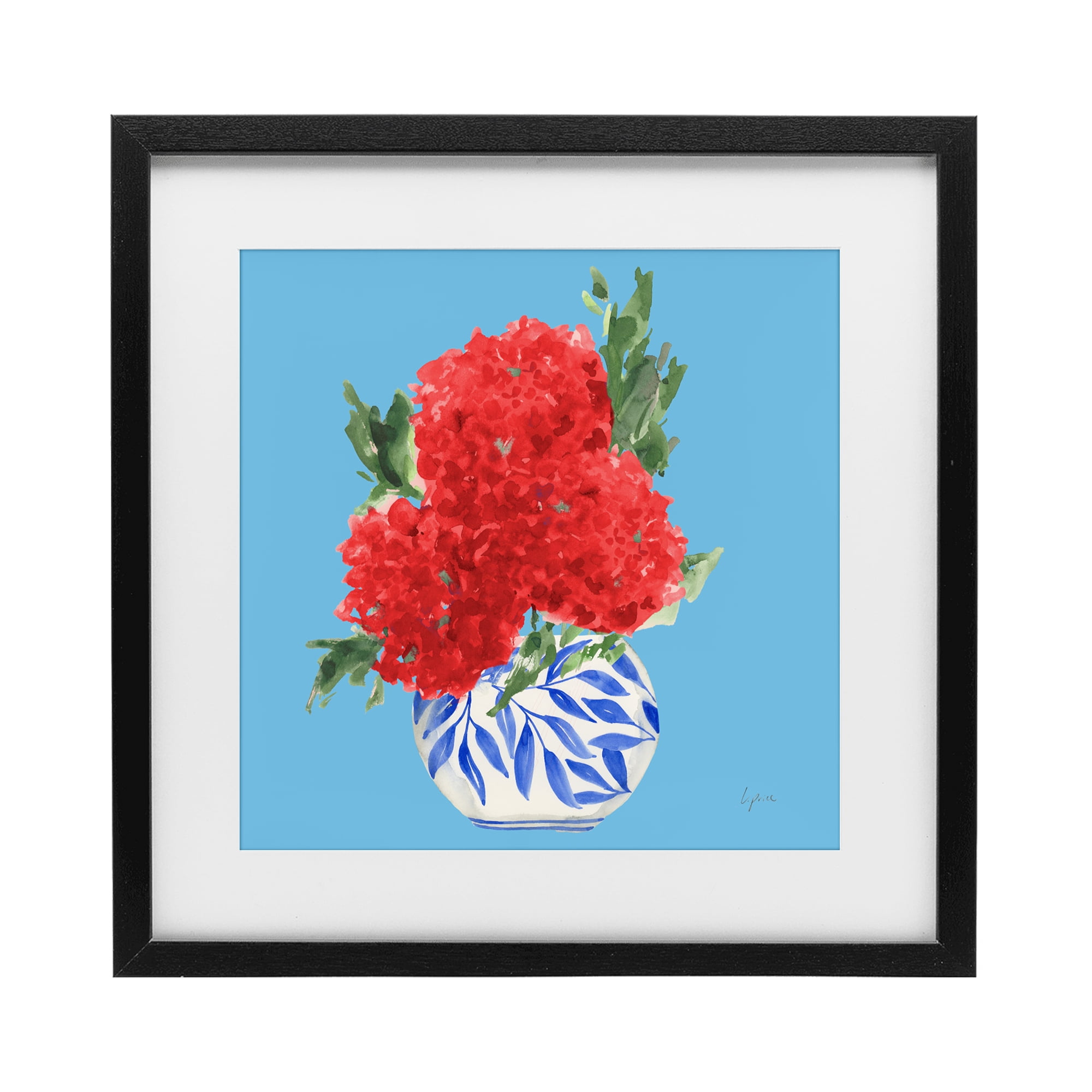 Stupell Industries Red Hydrangeas Blue Vase Black Framed Print Under Glass, design by Lucille Price