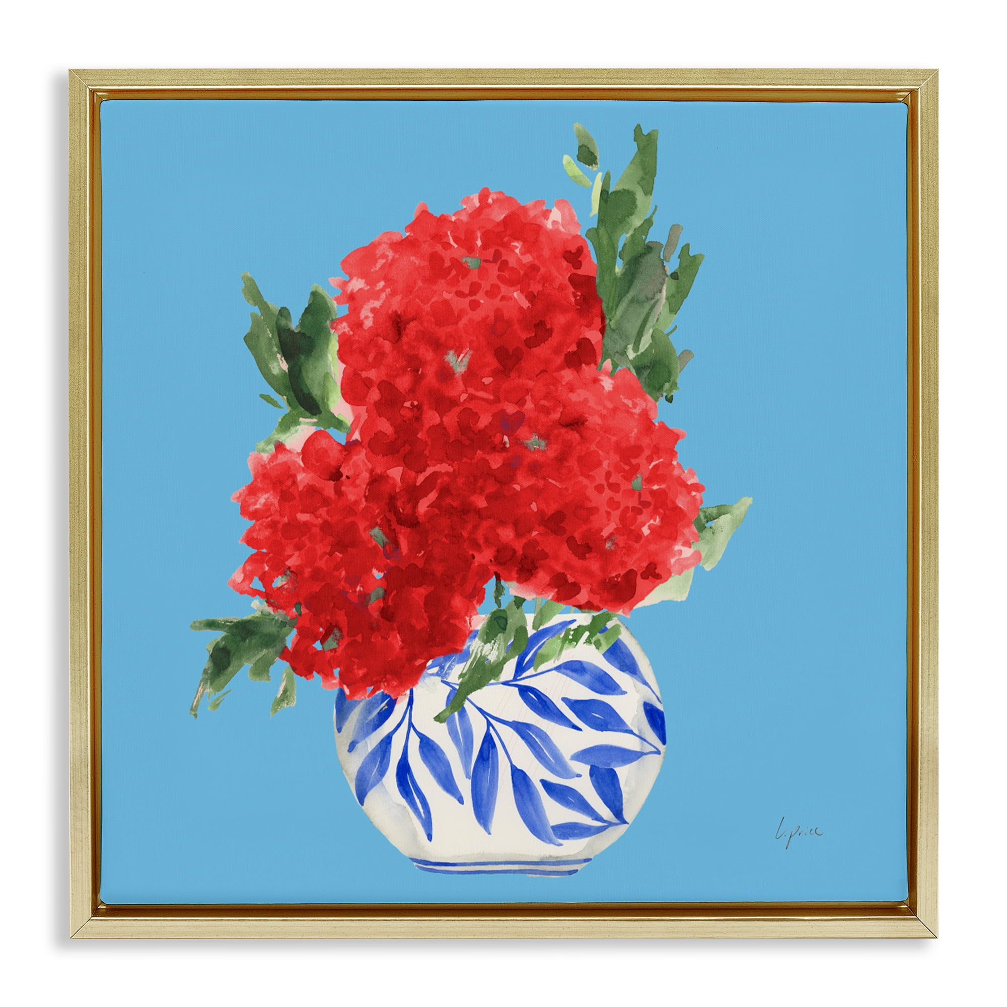Stupell Industries Red Hydrangeas Blue Vase Gold Framed Floater Canvas Wall Art, design by Lucille Price